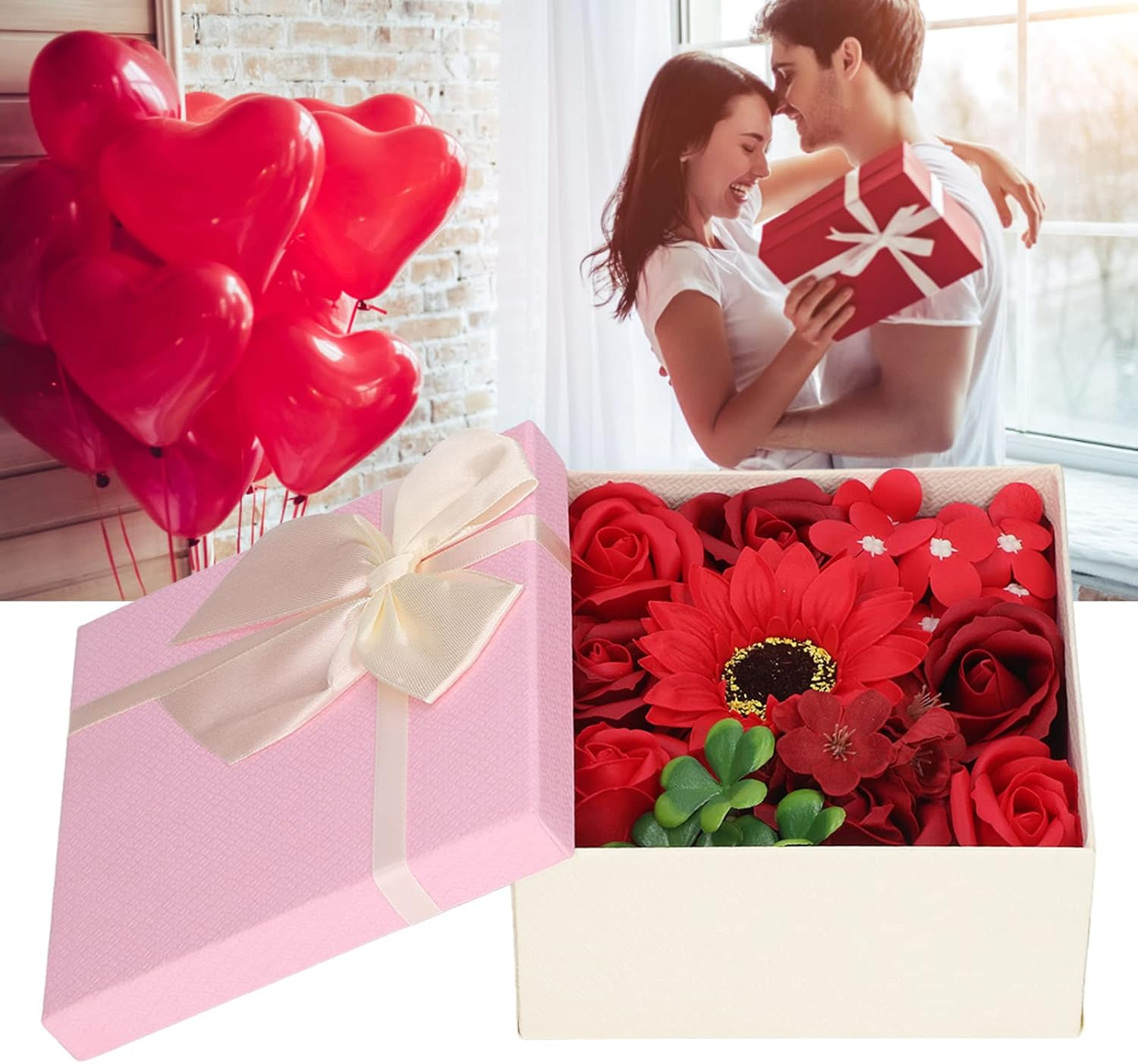 Bath Soap Flower, Flower Soap Gift Box, Simulation Flower Bath Soap Women Exquisite Flower Soap Gift Box for Birthday Valentines Day Christmas (Red)