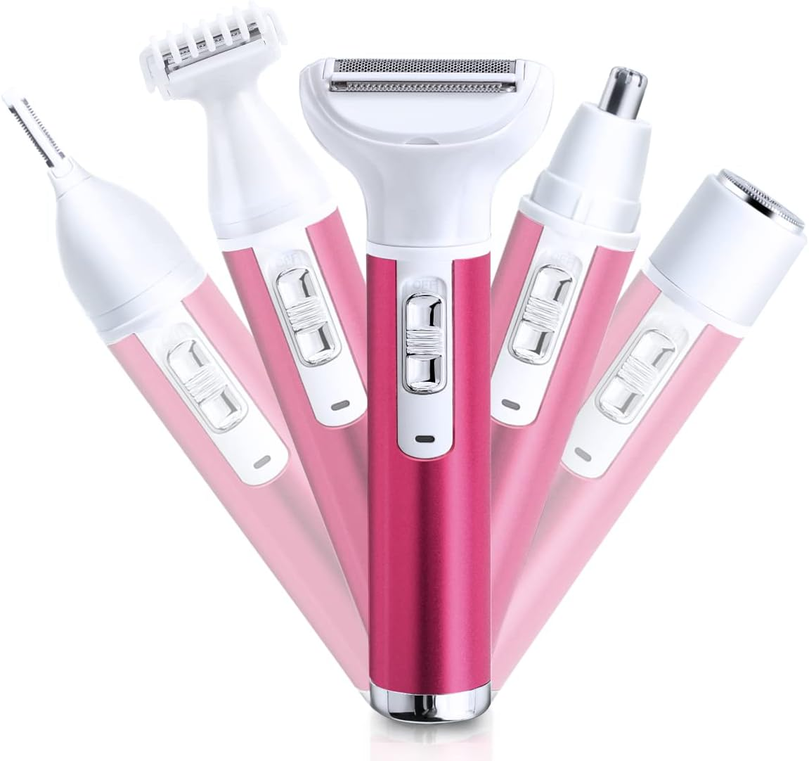 Electric Razor for Women Removal for Body Nose Hair Trimmer Face Shavers Eyebrow Legs Armpit Bikini Area Pubic Underarms Painless Rechargeable Portable 5 in 1 Womens Razors Set (Pink, 5 in 1)