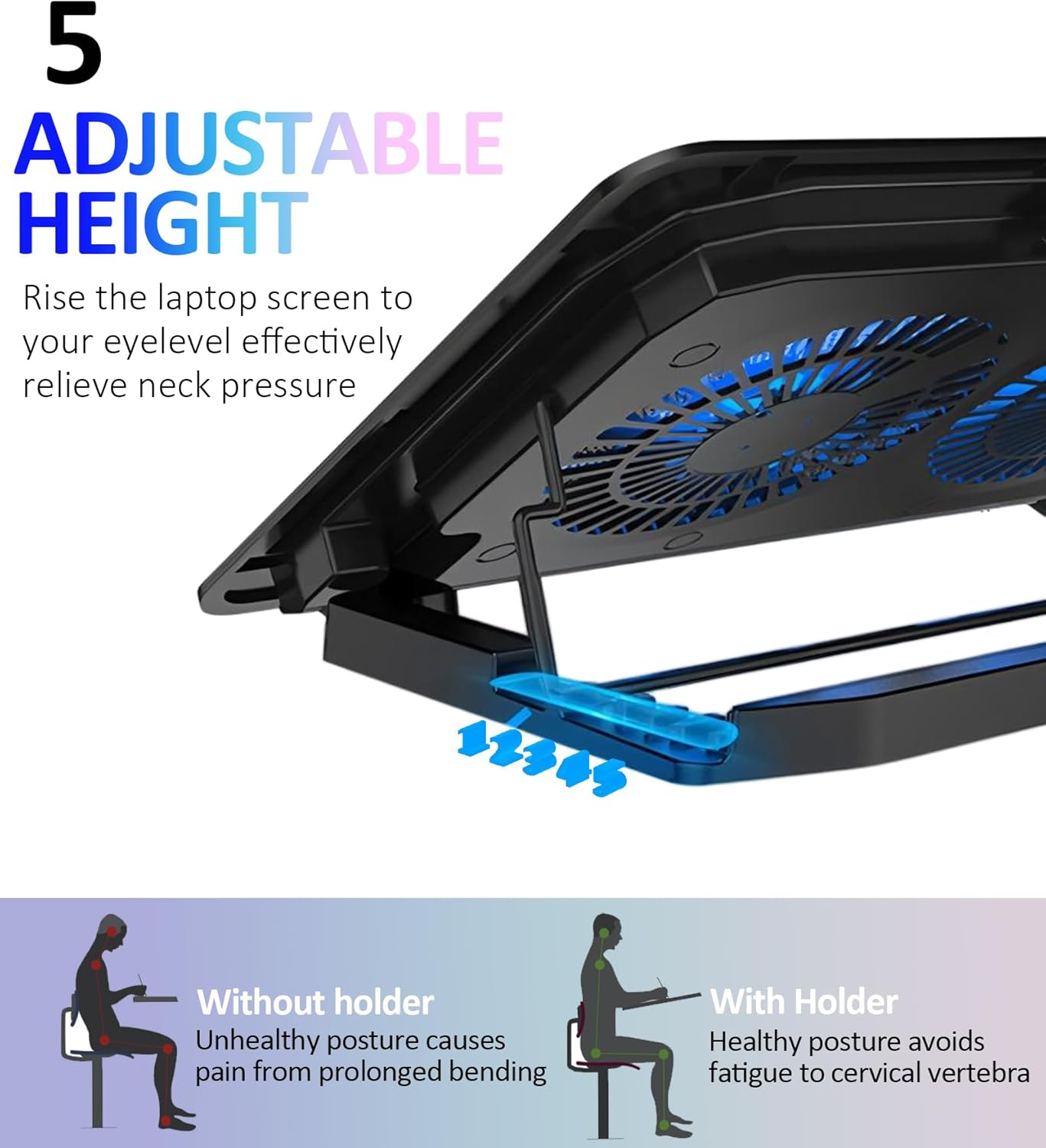 Laptop Cooling Pad with Adjustable Height, Dual 5.1" Quiet Fans & 2 USB Ports - Ergonomic Cooler Stand for 12"-15.6" Laptops (Dell, Macbook, HP, ASUS, Gaming) image number 6