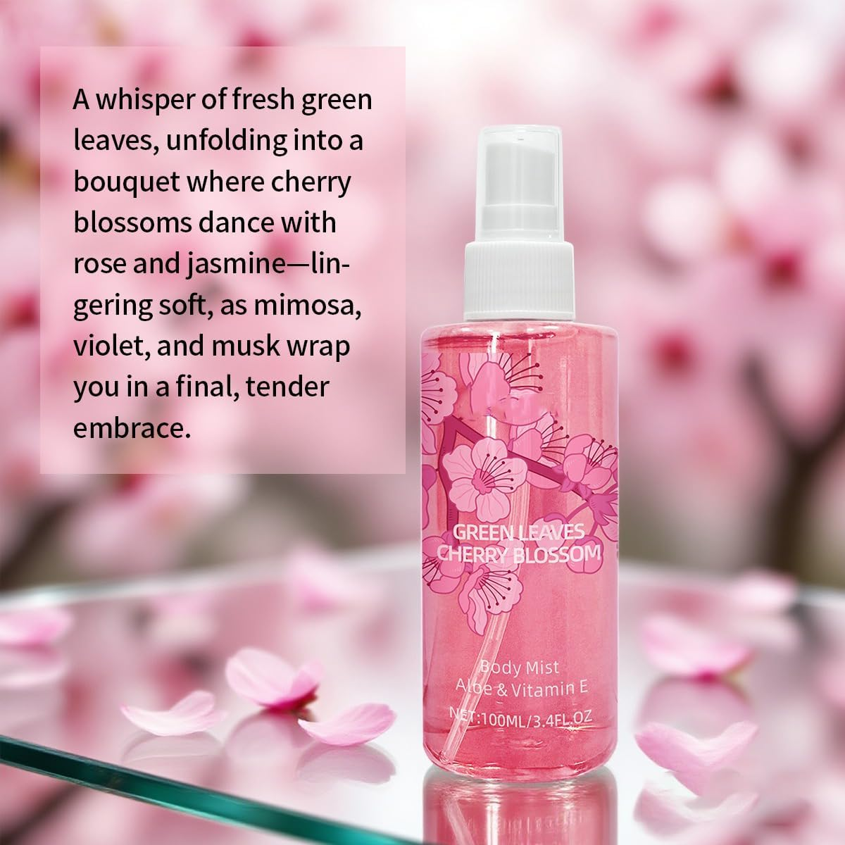 Green Leaves & Cherry Blossom Eau De Parfum 3.40 Ounce /100Ml | Alcohol-Free Floral Perfume Spray for Women | Refreshing Spring Scent with Aloe | Long Lasting Fragrance image number 5