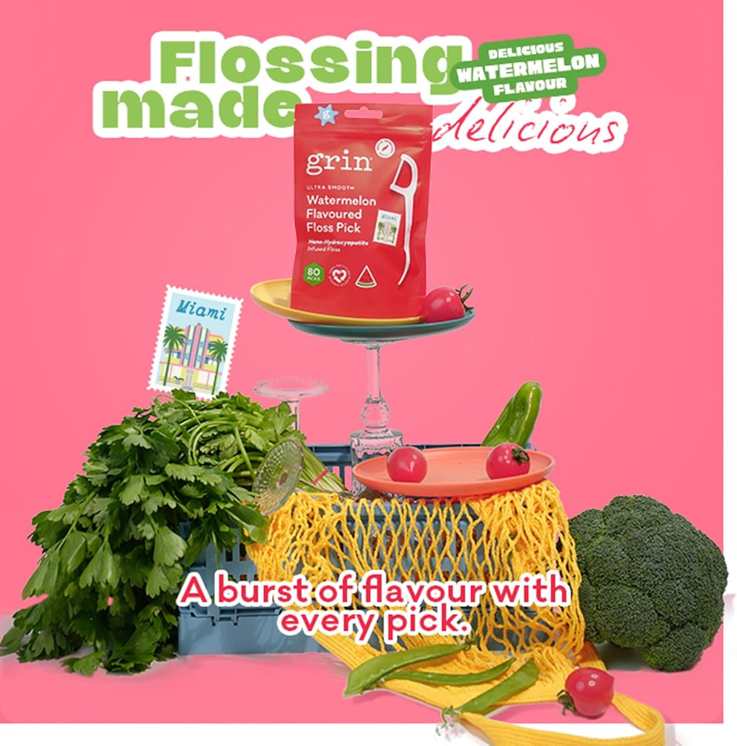 Grin Ultra Smooth Watermelon Flavoured Floss Picks, 80 Pack, Nano-Hydroxyapatite Infused, 100% Recycled Plastic Handle, Premium UHMW PE Floss image number 1