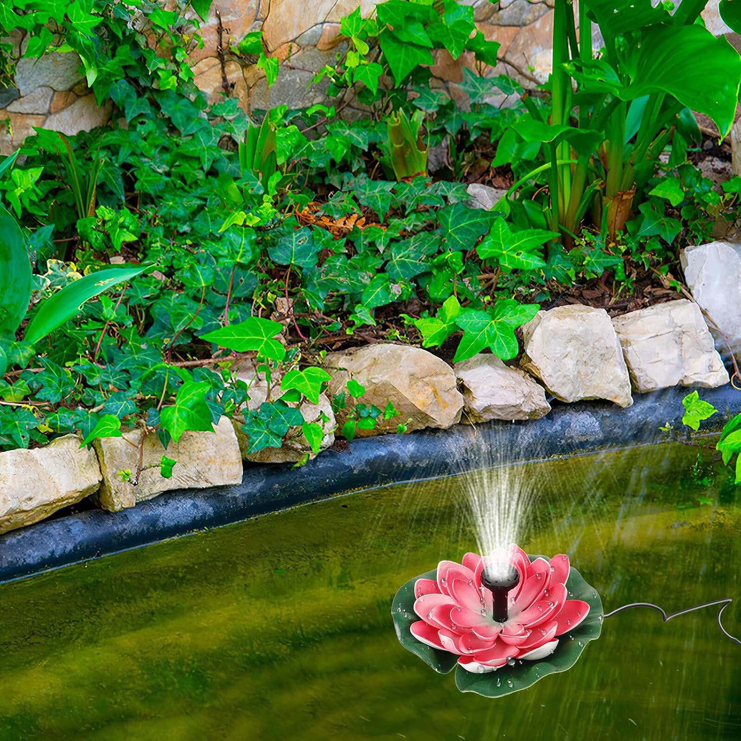 COHEALI Lotus-Shaped Solar Fountain Floating Water Feature for Outdoor Garden Landscape Decoration with Cherry Red Flower Design Battery Not Included image number 4