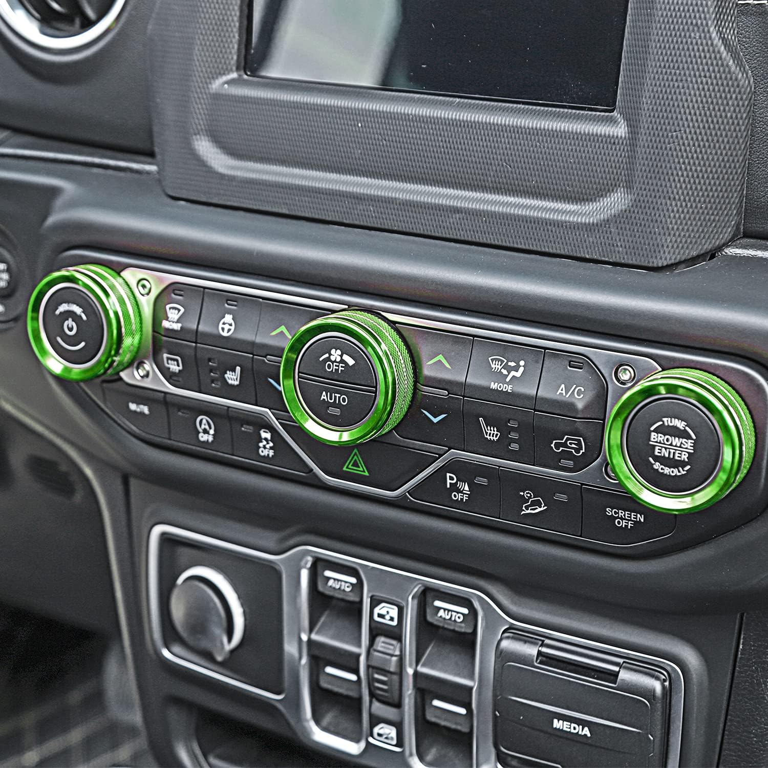 Jecar Air Conditioner Radio Switch Knob Cover & Headlight Knob Cover Aluminum Alloy AC Button Trims Compatible with Jeep Wrangler 2018-2023 JL JLU & 2020-2023 Gladiator Specific Dial Panel, Green - Orange image number 6