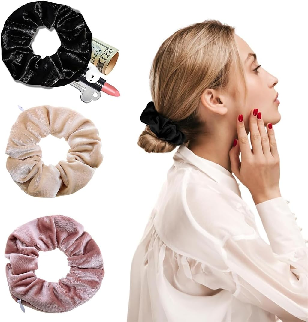 3 Pcs Velvet Scrunchie with Hidden Zipper Pocket, Velvet Scrunchies Hair Scrunchies with Hidden Zipper for Accessories, Small Items, Keys, Money image number 3