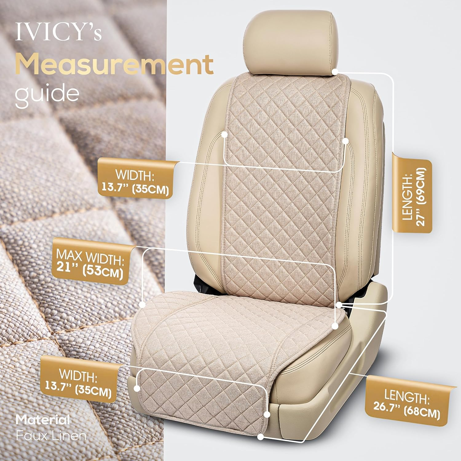 IVICY Linen Car Seat Cover for Cars - Non-Slip Soft & Breathable - Front Car Seat Protector Covers Universal Fits Most Automotive, Vans, Suvs, Trucks - 1 Unit - Beige - Black Ws Ln image number 7