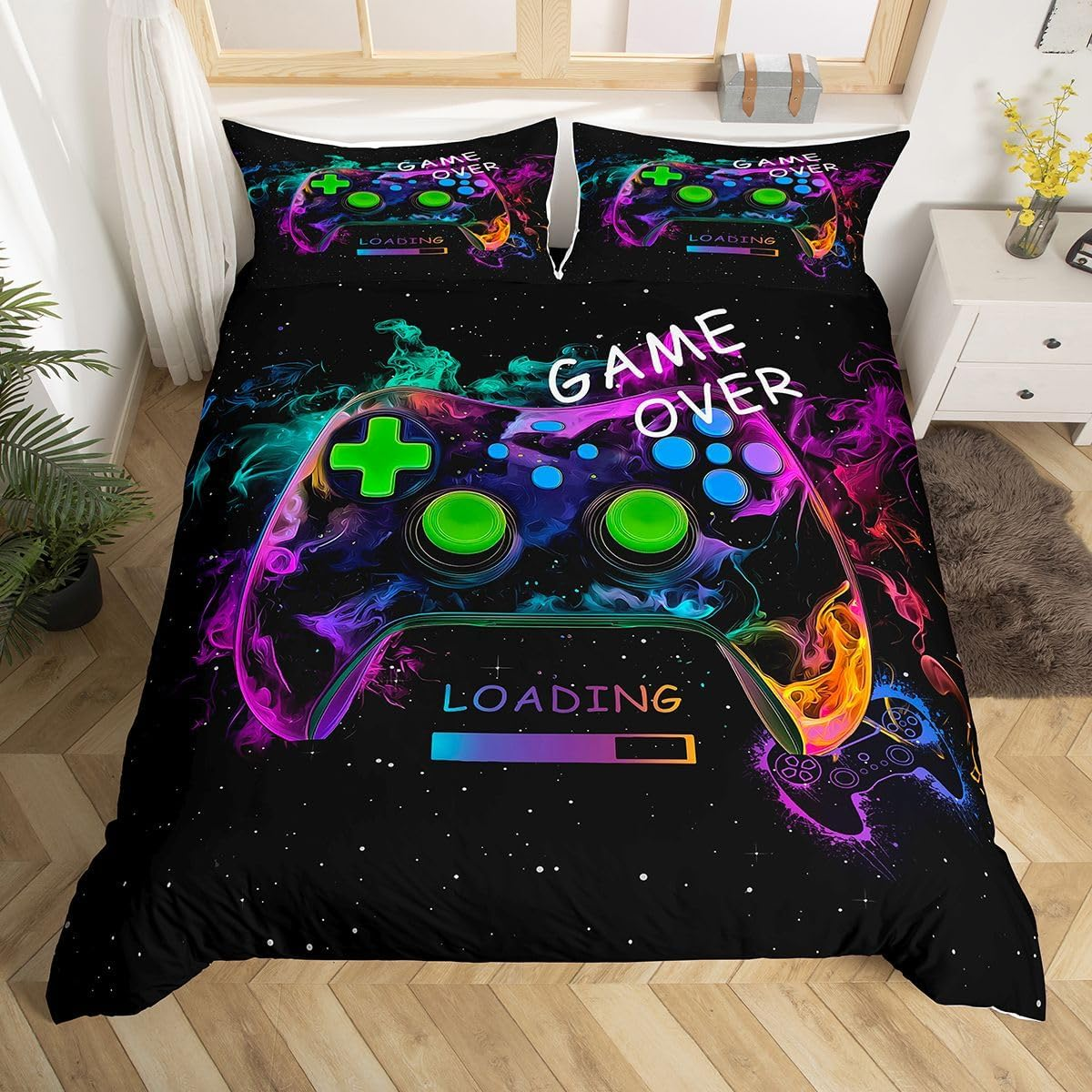 Loussiesd Kids Gamer Honeycomb Duvet Cover Set Single Size for Boys Girls Teens Gaming Geometric Bedding Set Blue Green Neon Gamepad Comforter Cover with 1 Pillowcase Game Room Decor Beds Set