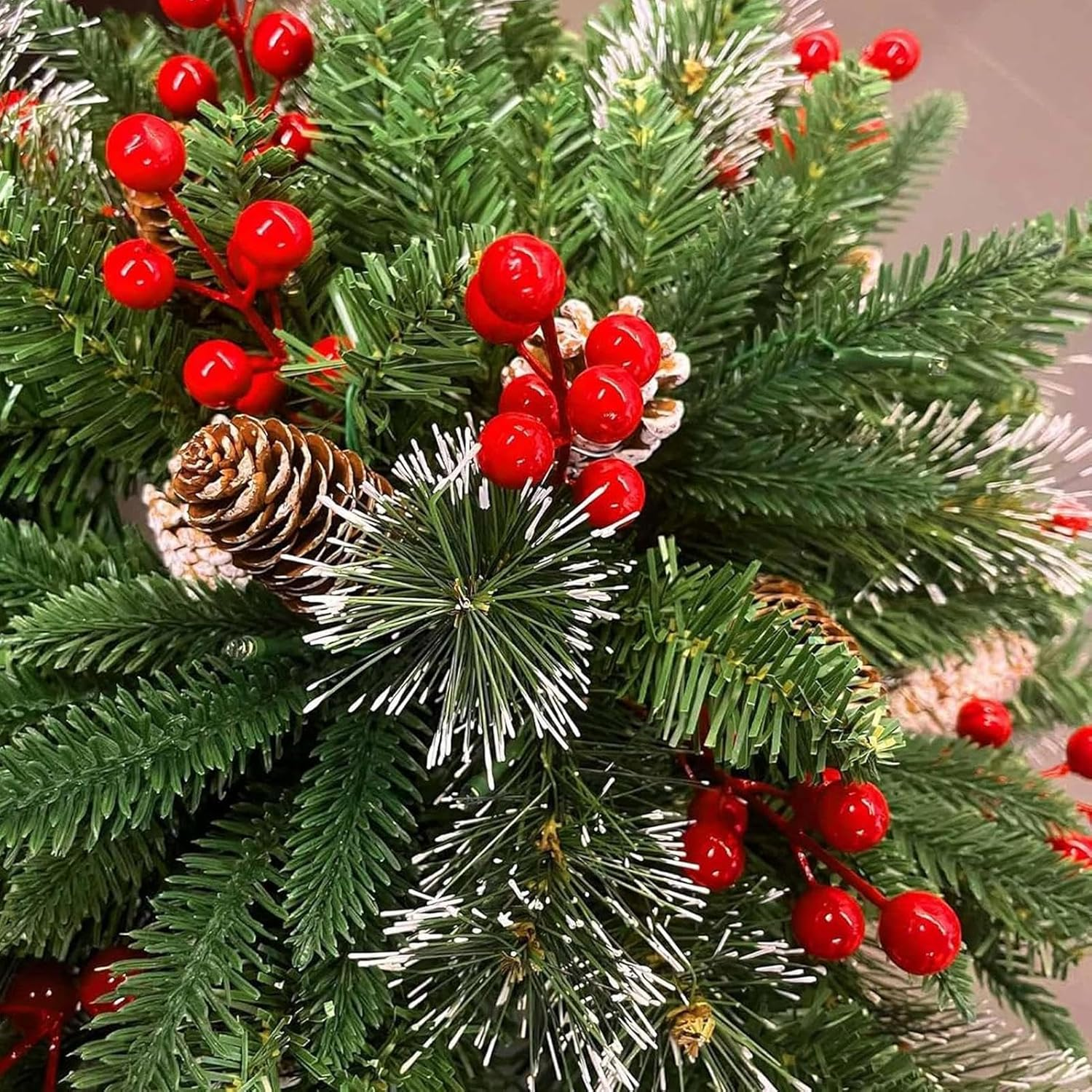 Decorative Christmas Pine Tree, Outdoor Lighted Faux Yard Tree with 8 Lighting Modes, Realistic Christmas Tree with Cones and Red Berries for Home Patio image number 3