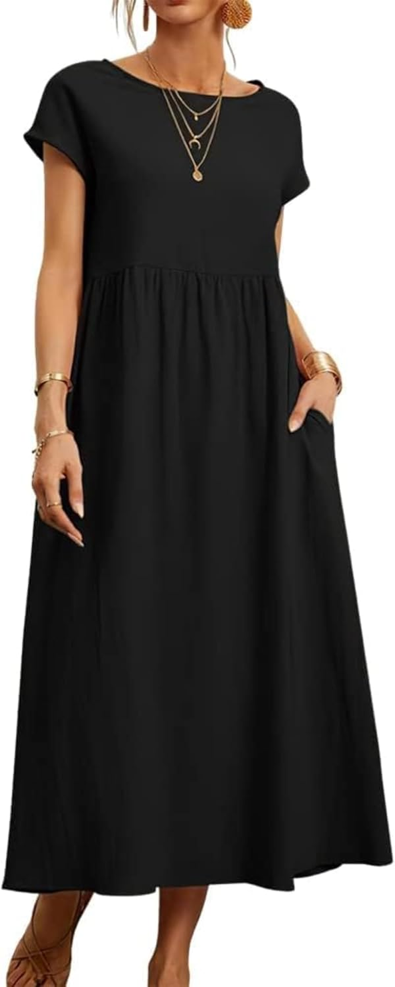 Women'S Cotton Linen Pleated Midi Dresses Casual round Neck Shift Dress Short Sleeve Beach Vacation Sundress