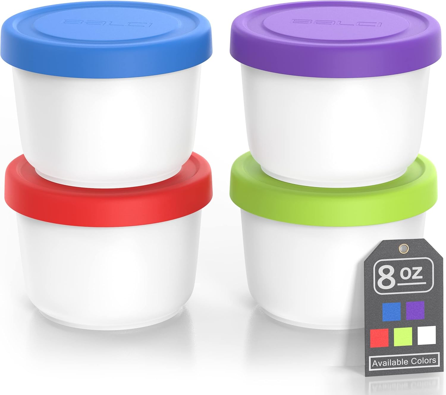 BALCI - 8Oz Mini Ice Cream Containers with Silicone Lids (Set of 4) - Freezer Food Storage Containers, Reusable, Leakproof, for Homemade Icecream Containers - Blue. Red, Green, Purple