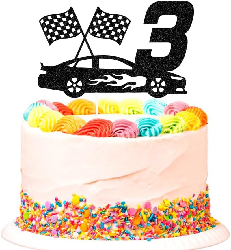 SWEETTALA Racing Car 3Rd Cake Topper for Race Car Checkered Flag Themed Kids Boy Girl 3 Years Old Birthday Party Decorations Black Glitter image number 3