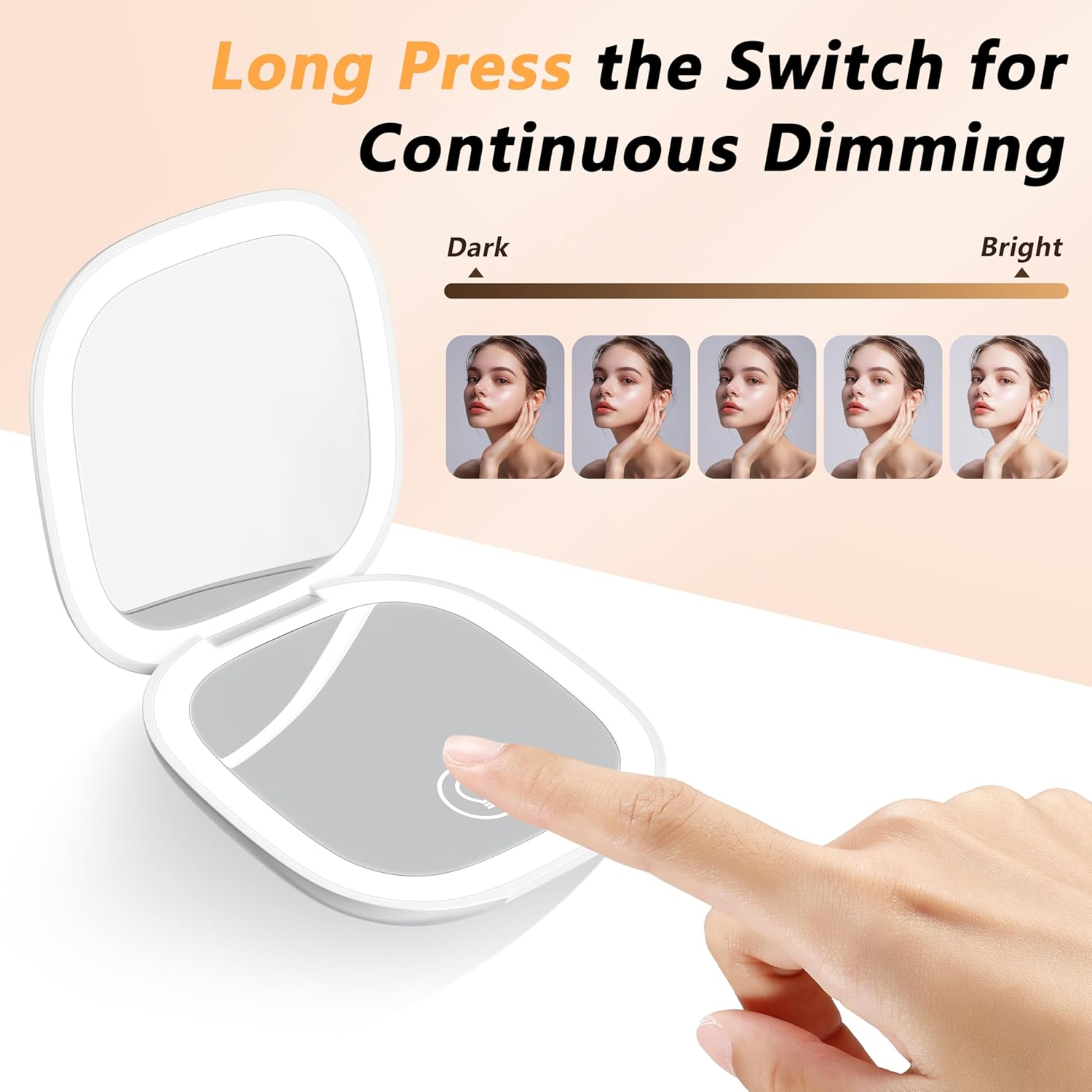 Travel Mirror 1X/10X Compact Mirror: Magnifying Makeup Mirror with 3 Colour Temperature LED, USB Rechargeable, Portable Pocket Mirror Magnetic Folding, Small Handheld Mirror Touch Sensor White image number 5