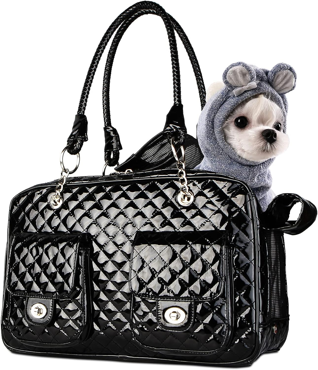 Betop House Soft-Sided Pet Travel Carrier Airline Approved for Pet Small Dog and Cat Collapsible, White Shiny Patent Leather