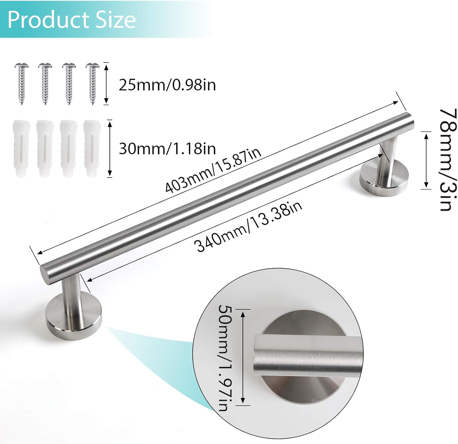 Hxcomet 16Inch Towel Rail Wall Mounted, Towel Stands, Towel Holder Screw Mounting Small Towel Rail for Bathroom and Kitchen SUS 304 Stainless Steel Brushed Finish,Silver/40Cm image number 2