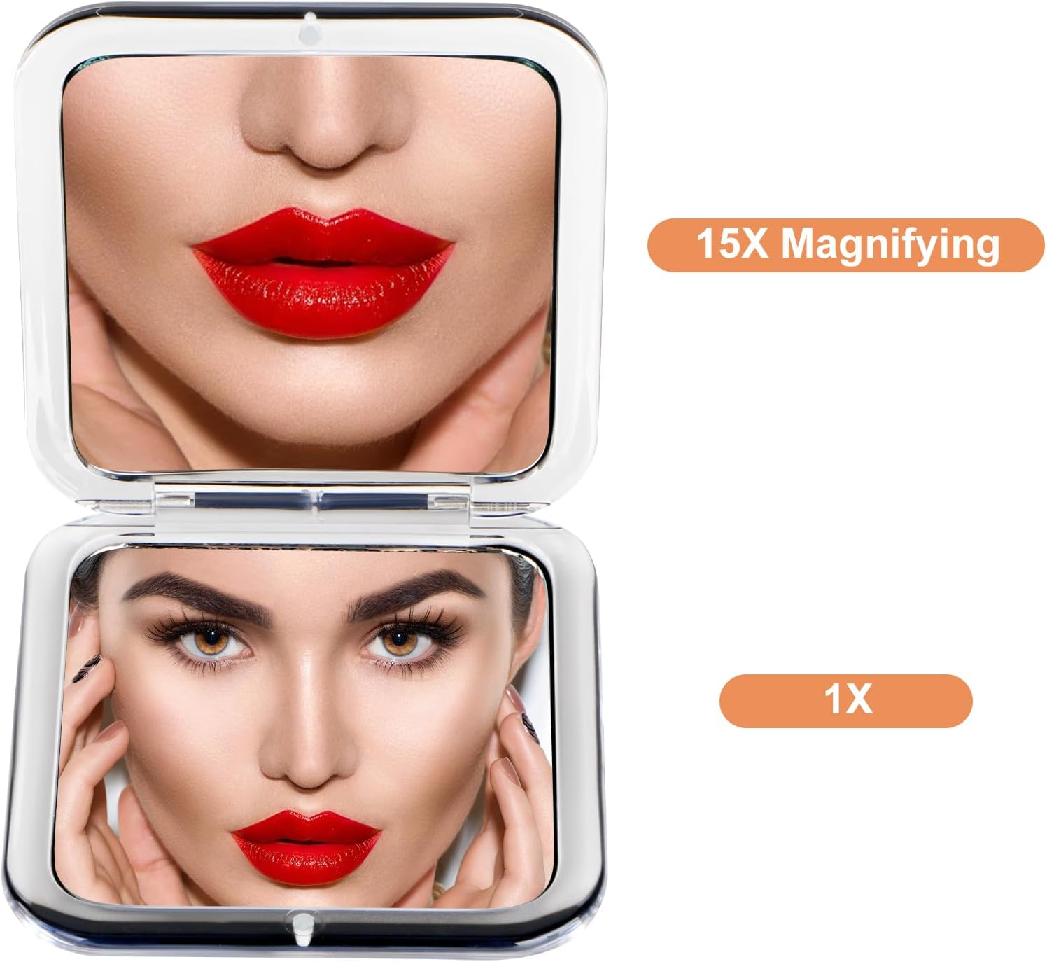 SANTOO Compact 15X Magnifying Makeup Mirror for Travel, Small Pocket Mirror-Handheld, Foldable & Portable 2-Sided with 15X Magnifying and 1X Mirror for Purses - Square 3.3 X 3.3 Inch (Black) - White image number 5