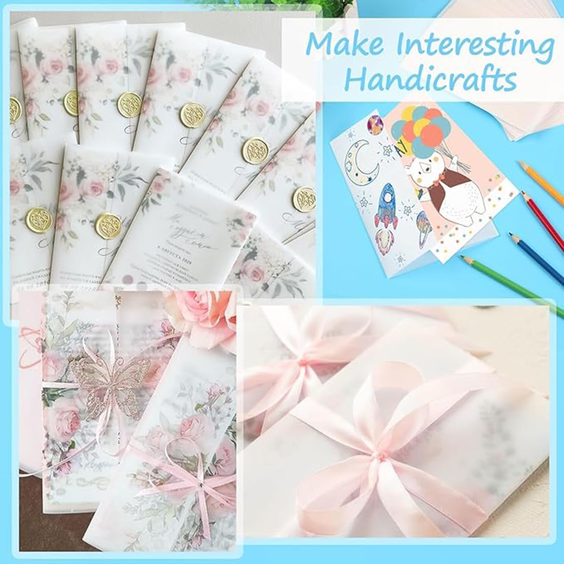 100 Pack Vellum Jackets for Invitations, 5X7Inch Pre-Folded Translucent Vellum Wrap Jackets, Vellum Paper Translucent Paper Envelope Liners for Wedding Baby Shower Birthday Invitations image number 3