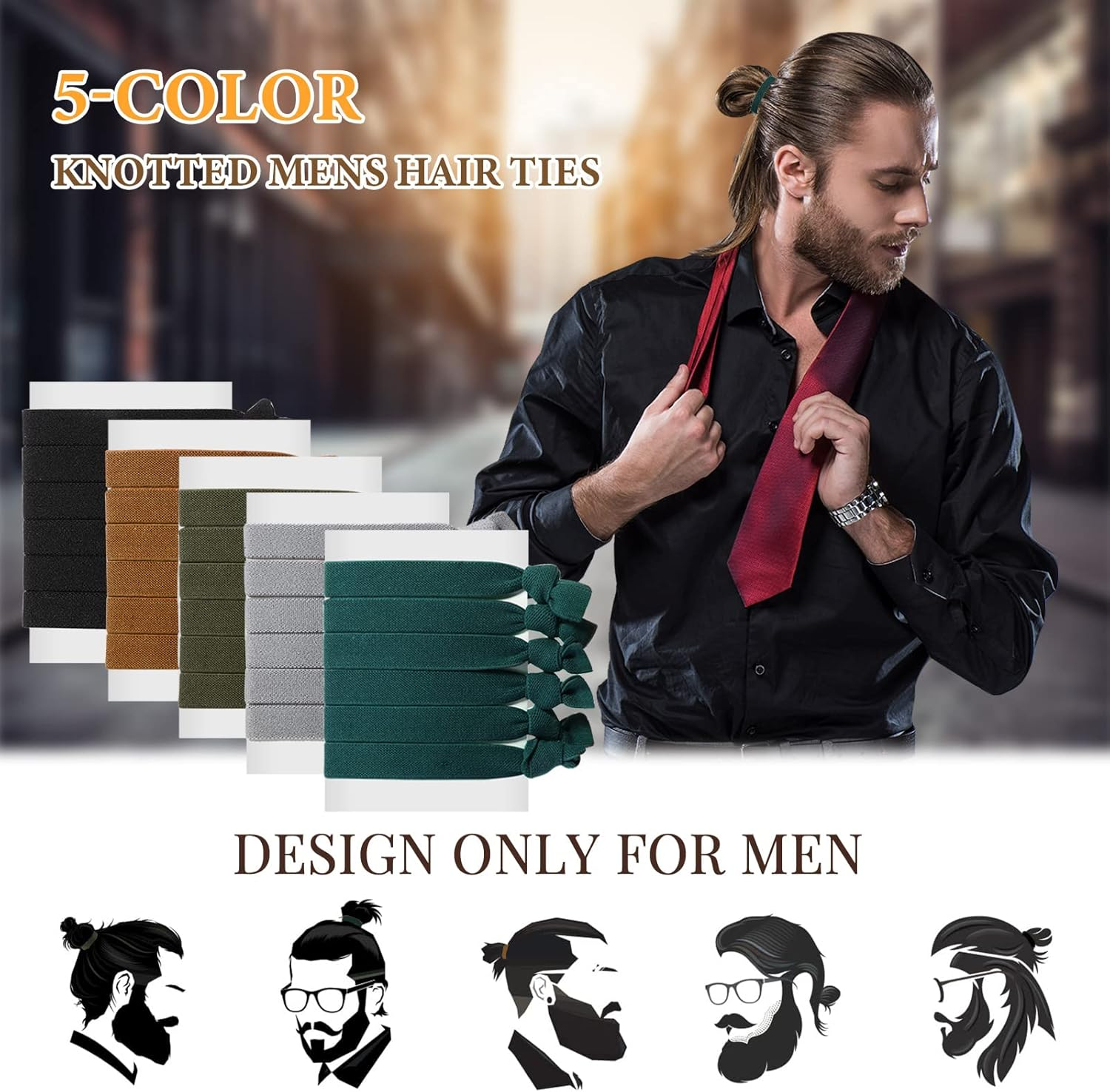 Juexica 30 Pcs Knotted Mens Hair Ties, Elastic Flat Man Bun Hair Tie for Men, Hair Ties for Long Curly Long Hair (Multicolored) image number 4