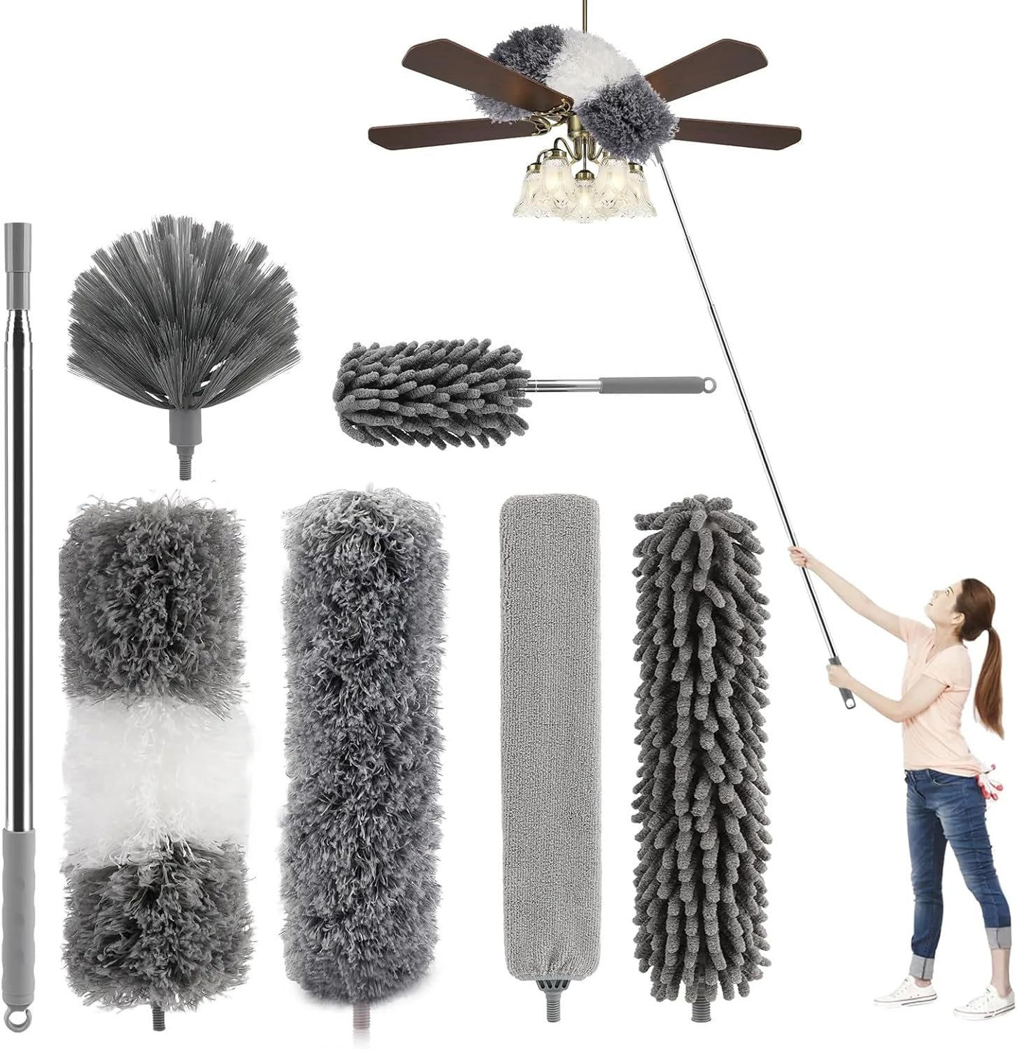 7 Pieces Telescopic Wolf Head Duster, Maximum Length 256 Cm, Washable Microfibre Telescopic Duster for Blankets, Suitable for Blankets, Grey image number 1