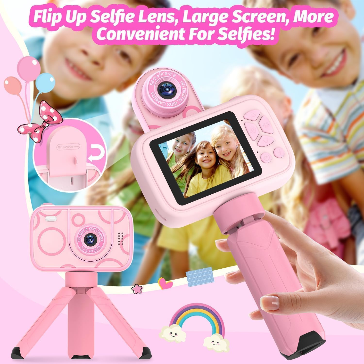 ZONEY Kids Camera Toys,Children'S Camera with Flip-Up Lens for Selfie & Video, 32G 1080P HD Digital Camera with Flash Lamp, Video Recorder, Birthday Gifts for Boys Girls (Pink) image number 2