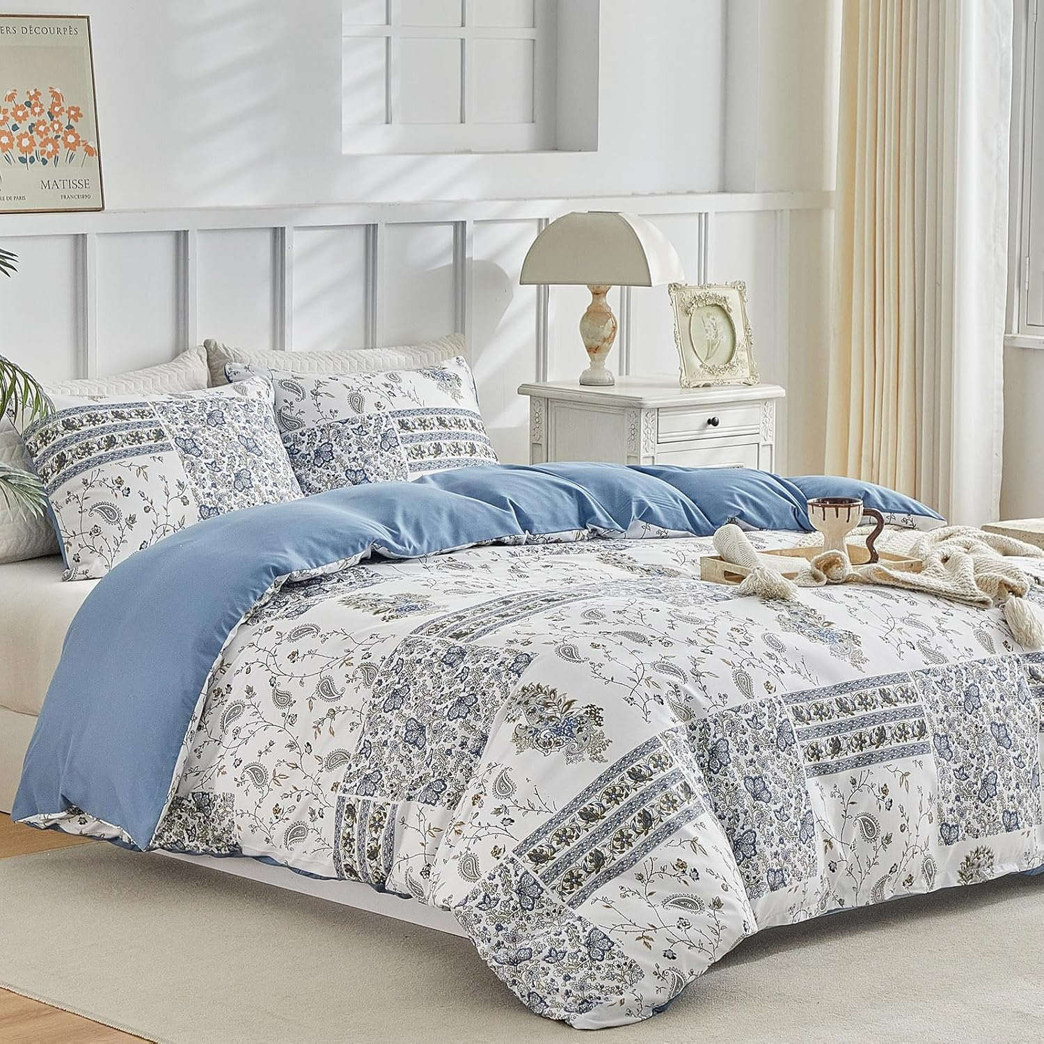 Tokokimo Duvet Cover 220 X 240 Cm with 2 Pillowcases 65 X 65 Cm - Bohemian Patchwork Floral Pattern - 100% Microfibre Bedding Set 220 X 240 Cm for Adults with Zips Blue image number 1