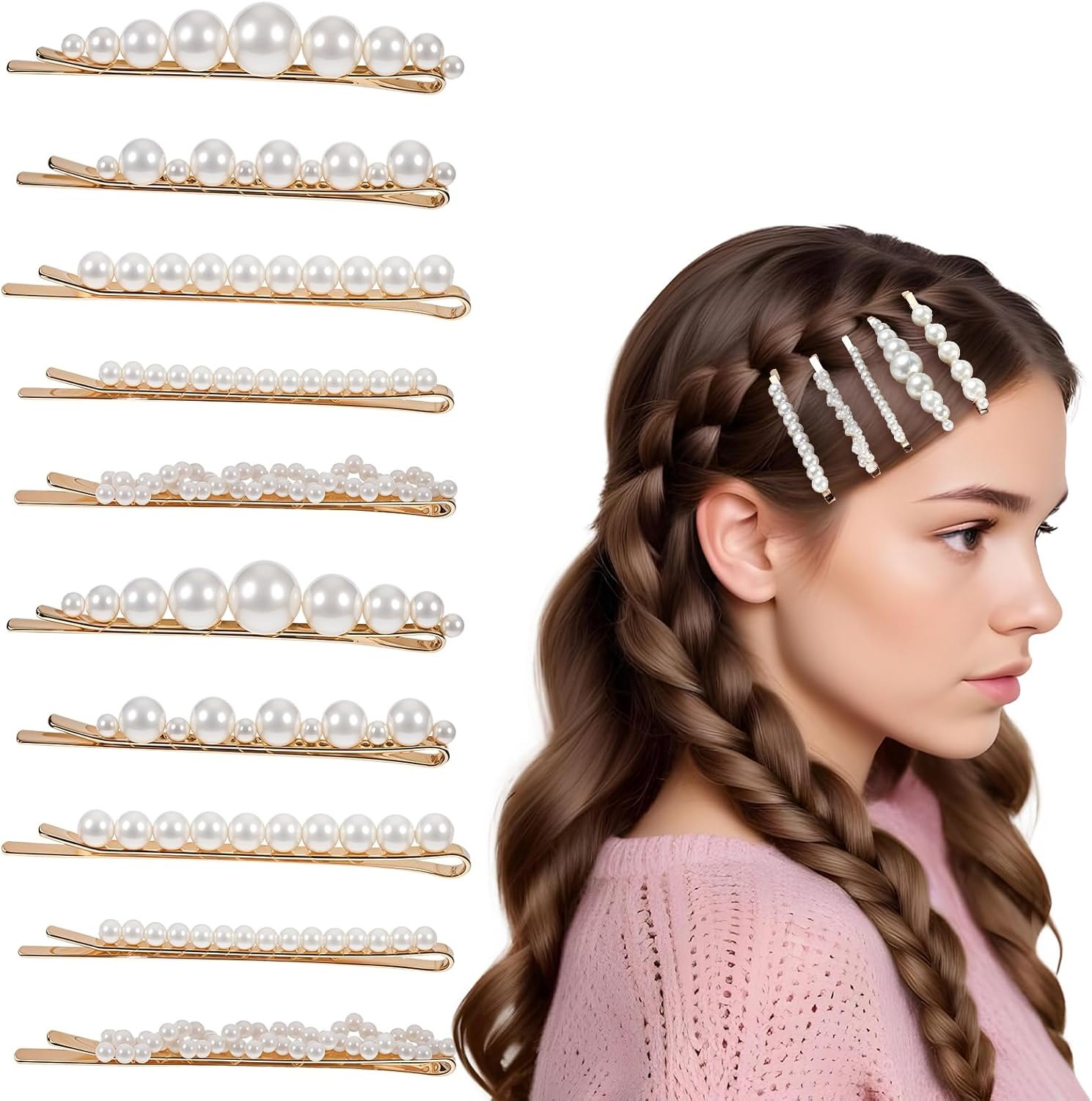 COMNICO Pearl Hair Clips, 10Pcs Elegant Pearl Bobby Pins French Pearl Hair Barrettes Bride Sweet Headwear Decorative Wedding Hair Accessories for Women and Girls image number 1