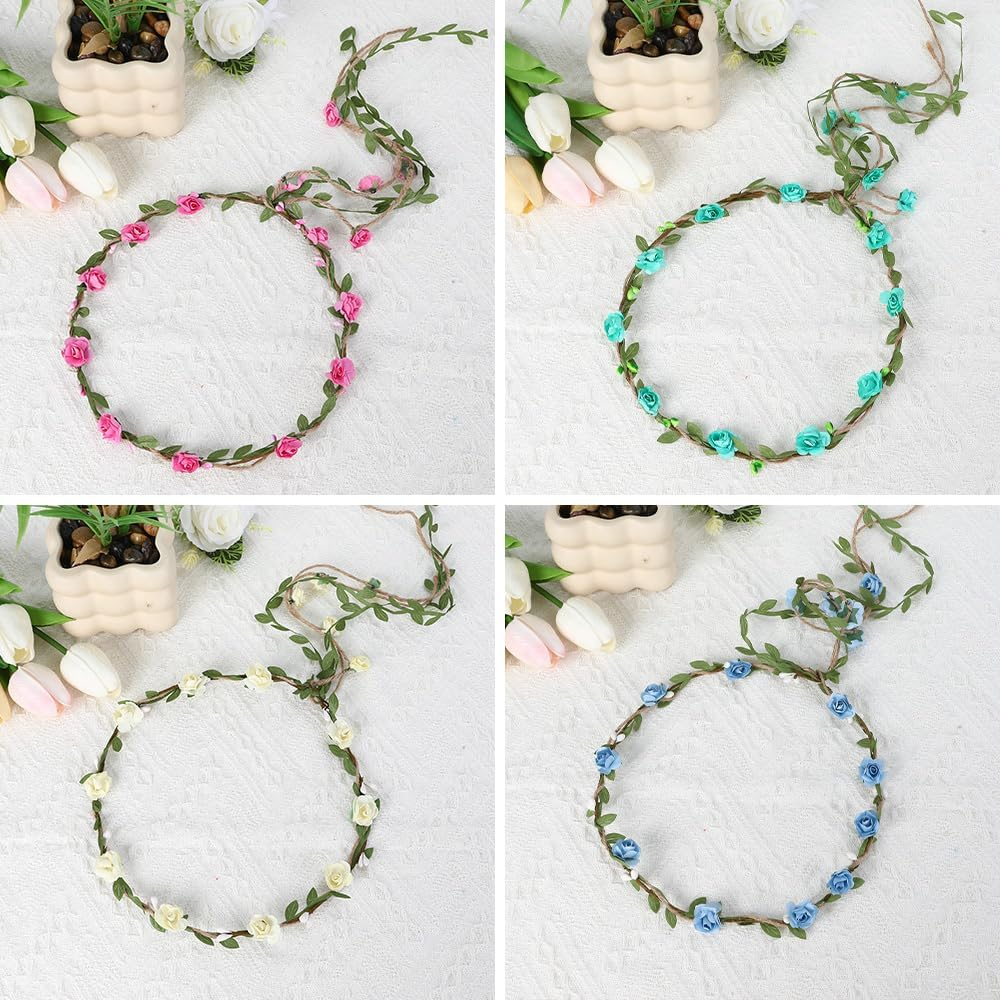Flower Crown Headband, Festival Flower Headband, Floral Hair Wreath, Artificial Flowers, Female, Set of 4 image number 3