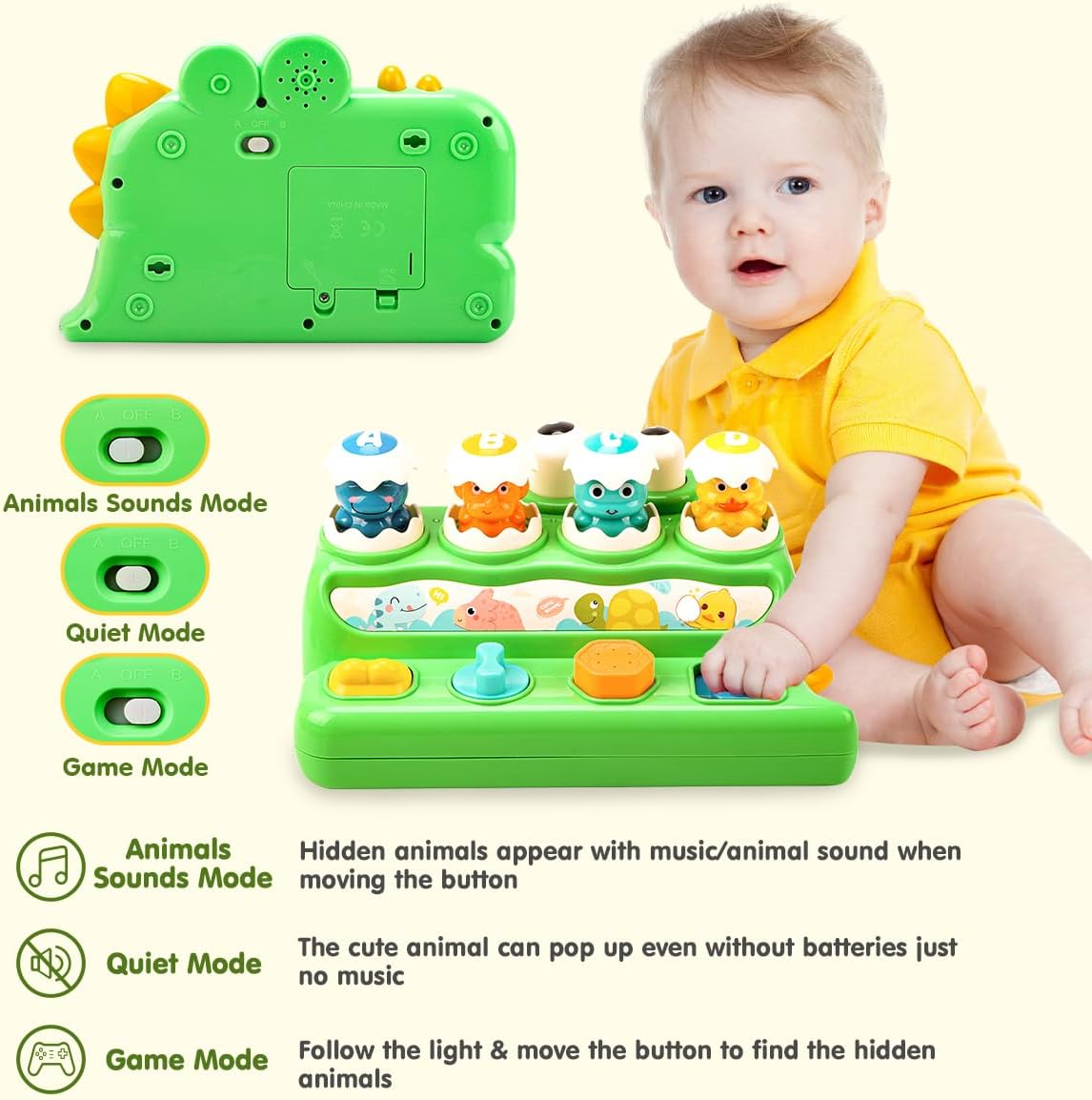 Pop up Animal Toys with Music & Light，Dinosaur Musical Toys for Toddler Aged 1-3，Montessori Cause and Effect Interactive Toys for Boys Girls ，Early Learning Baby Toys 6-18 Months Birthday Xmas Gift image number 3