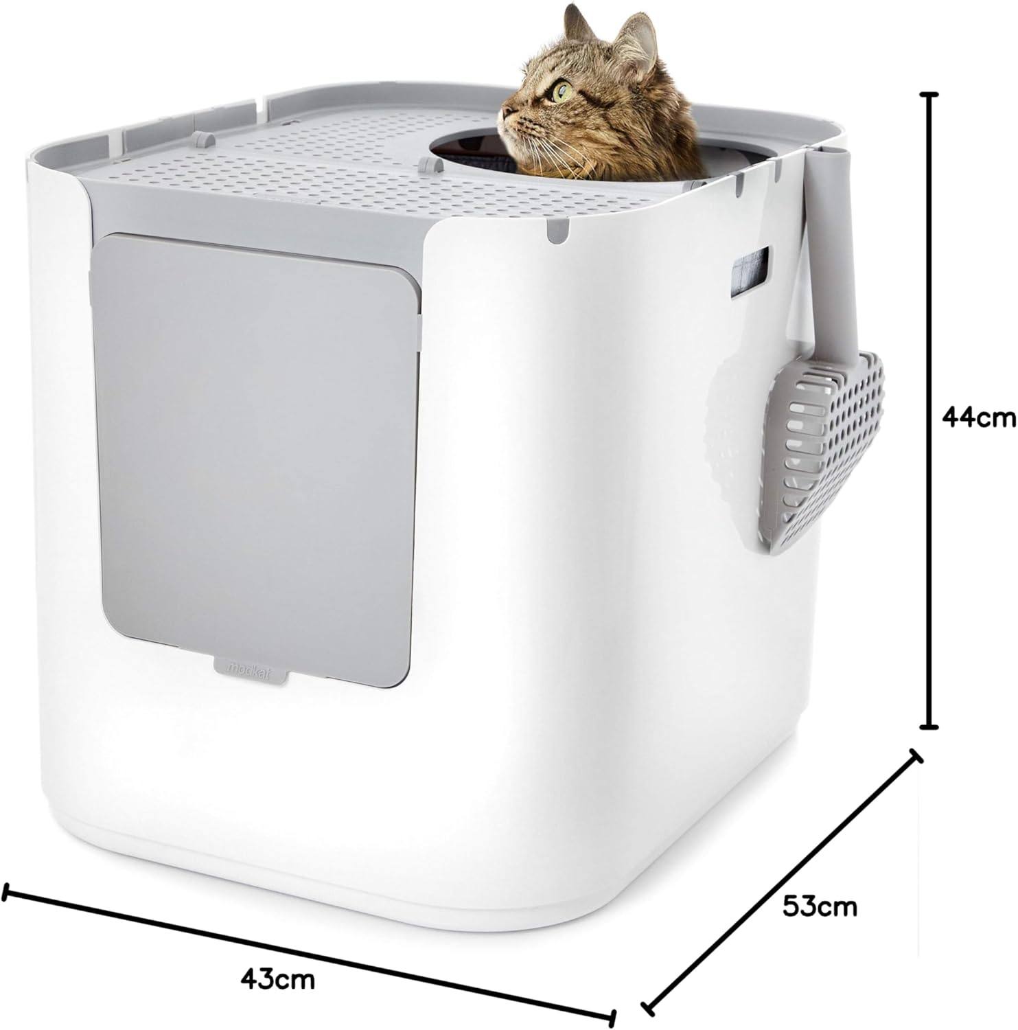 Modkat&reg; XL Litter Box, Top or Front-Entry Configurable, Full Height Seamless Base, Reusable Litter Liners, Sifting Litter Scoop, 2X Bamboo Charcoal Filters - Gray - White image number 7