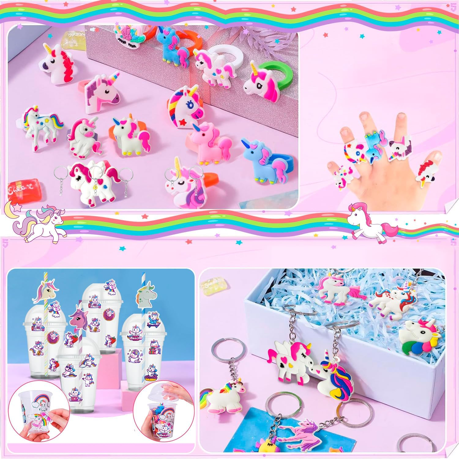 Unicorn Party Favors for Girls,134Pcs Unicorn Birthday Party Favors Set - Unicorn Goodie Bags & Unicorn Slap Bracelet & Unicorn Stickers Keychain Stampers Rings Etc Unicorn Themed Party Favors image number 2