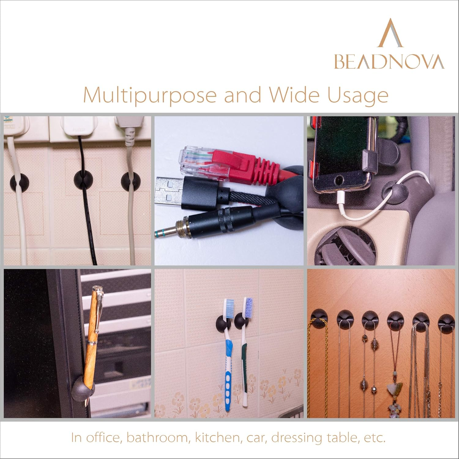 BEADNOVA Cable Clips Cord Organizer Cable Management Wire Cord Holder 2 Slots Adhesive Wire Holder for Car Charging Accessory PC Office Home (Black, 8 Pcs) - 1)1 Slots(8 Pcs) image number 6