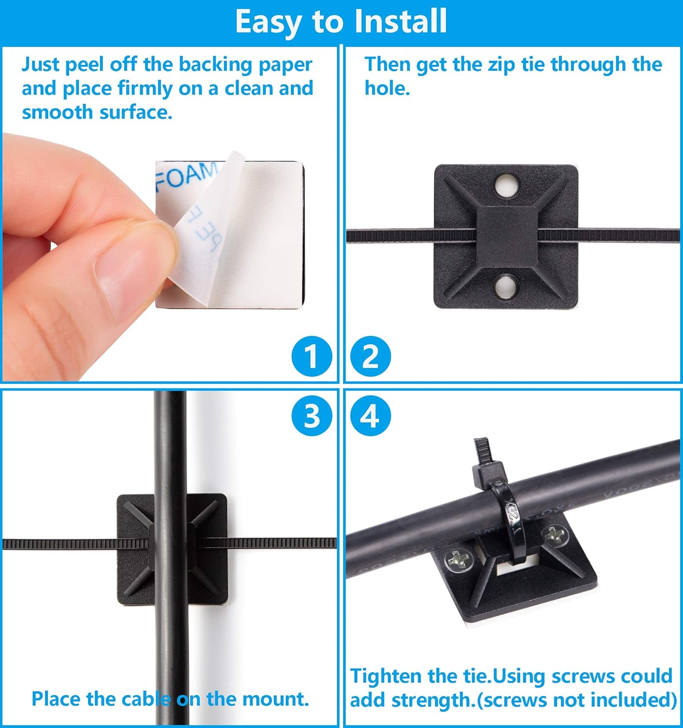 Cable Tie Mounts, Adhesive-Backed, 1 Inch, for Cable Management, Cable Tie Anchors, 100 Pack, Black - Black image number 2