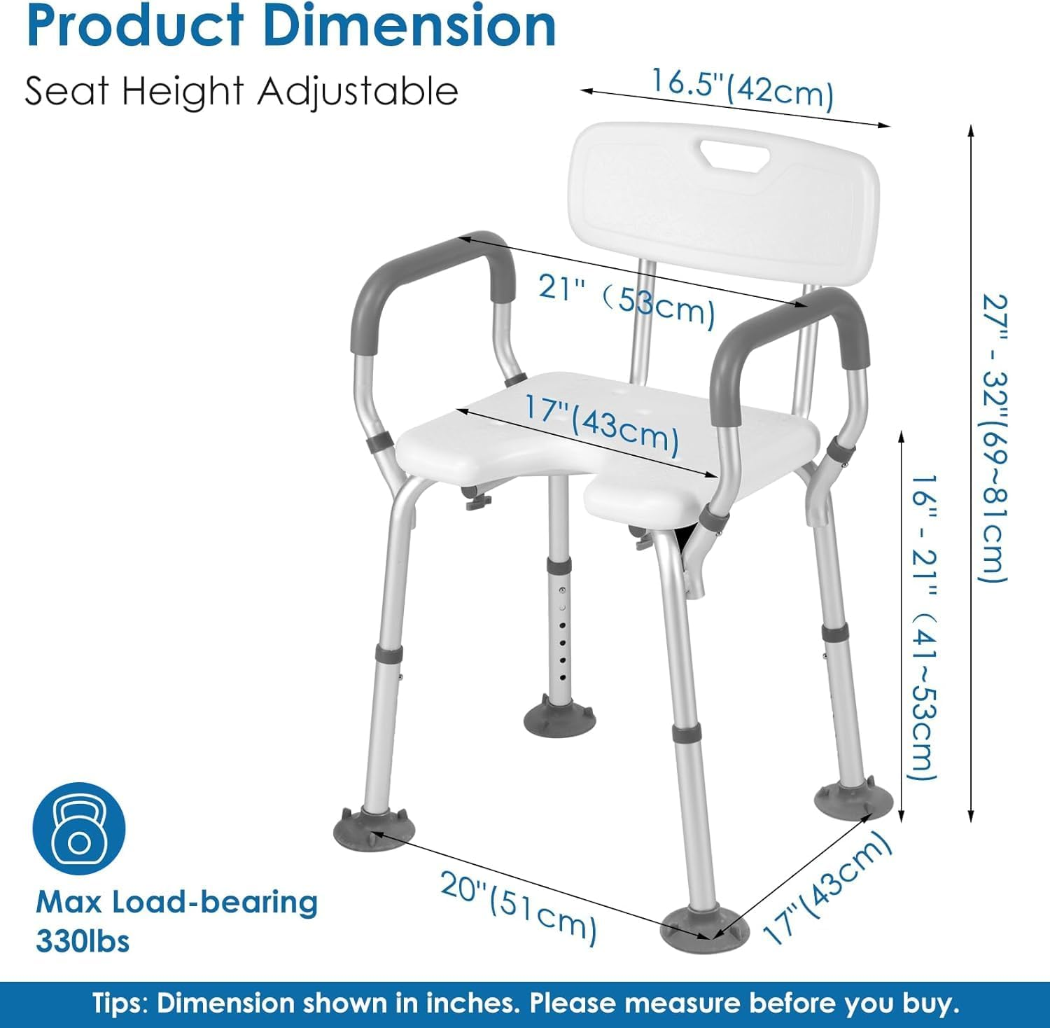 Homodoskey Shower Chair with Arms and Back Heavy Duty 330Lbs, Shower Chair for inside Shower, Shower Seat for inside Shower Bathroom Chair with Cutout Seat & Cold-Proof Pads, Tools-Free Assembly image number 3
