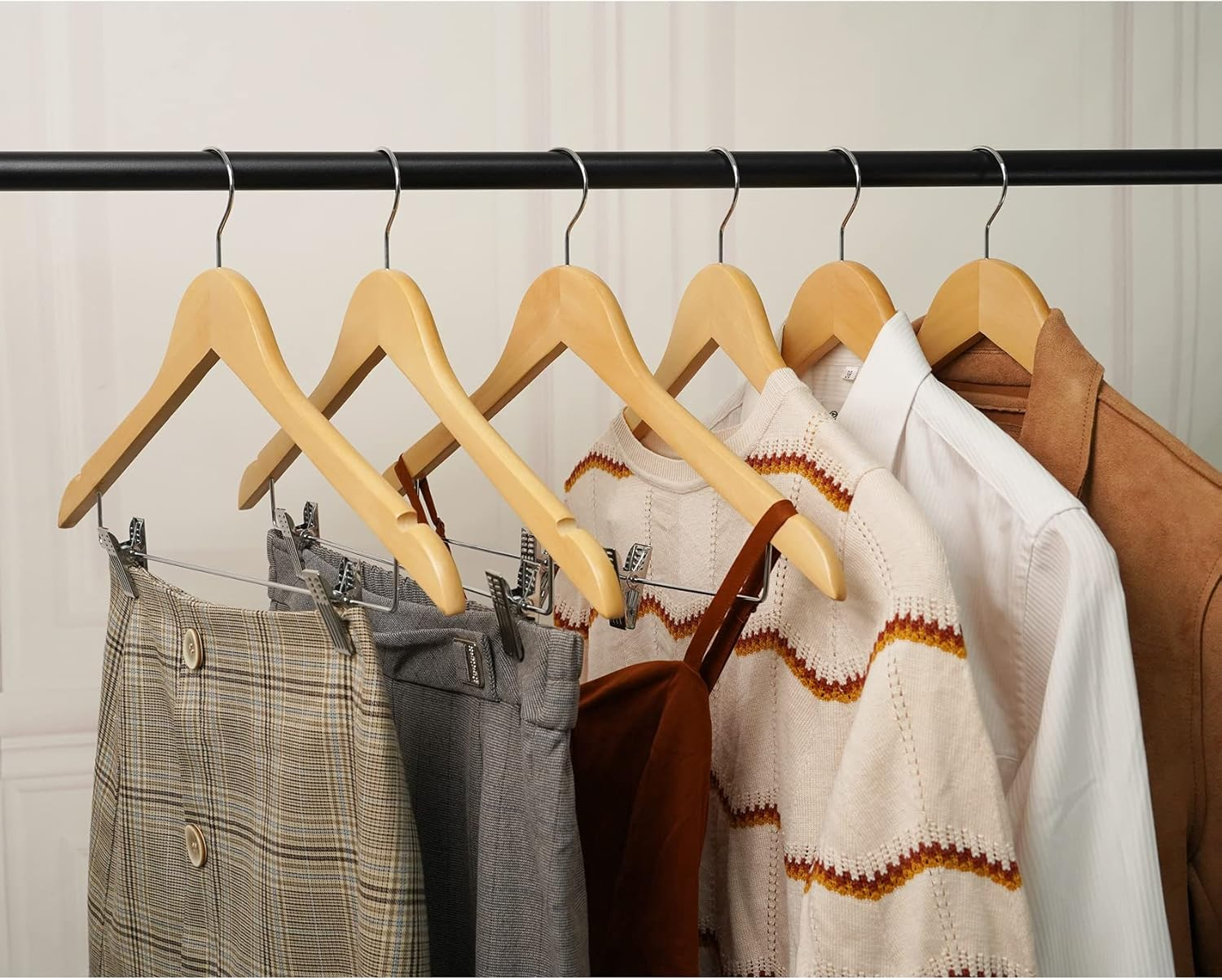 HOUSM 16Pack Wooden Skirt Hangers with Clips, Solid Wood Pants Hangers, Natural, Smooth Finish, High-Grade Selected Wood, Sturdy Metal Clips for Blouse, Dress, Coat, Jacket image number 6