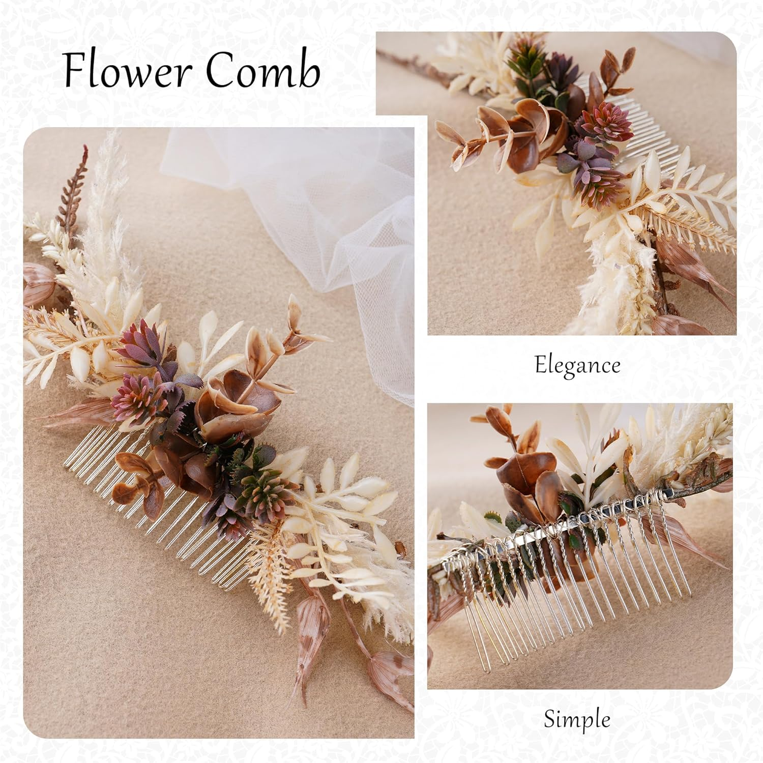 Partyforu Wedding Flower Comb for Women, Handmade Flower Hair Comb, Bohemian Hair Combs for Bride, Bridesmaid, Hen Party, Bridal Shower, Maternity Shoot image number 1