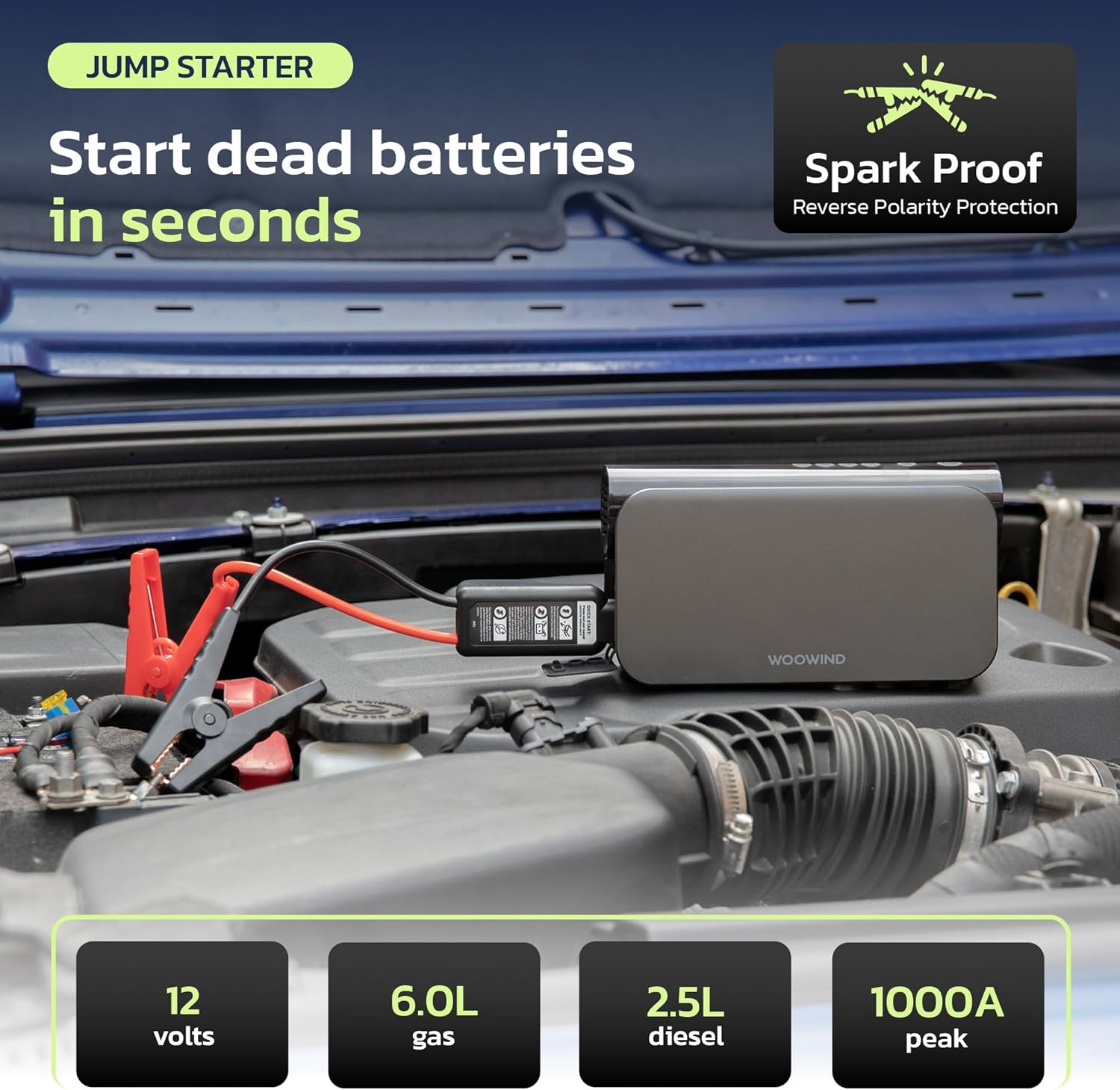 Woowind Air Compressor Tyre Inflator for Car Tires,150Psi with Emergency Start-Up Power Supply, Auto Shut-Off Functionand and LED Light, Portable Air Pump with Pressure Gauge, Set of Nozzle Adaptors