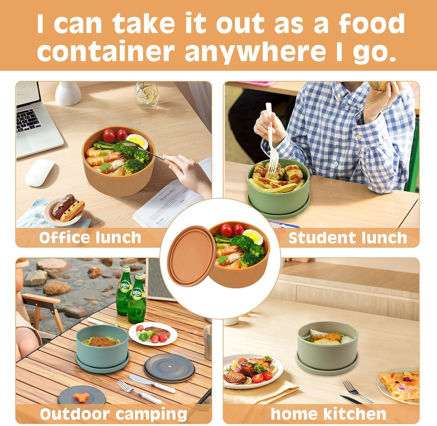 24Oz Silicone Lunch Box, round Salad Bowl with Lid, Airtight Food Container for Meal Prep, Leftovers, Soup & Stew Storage. Microwave, Fridge, Dishwasher Safe. Bpa-Free (Grass Green) - Brown image number 2