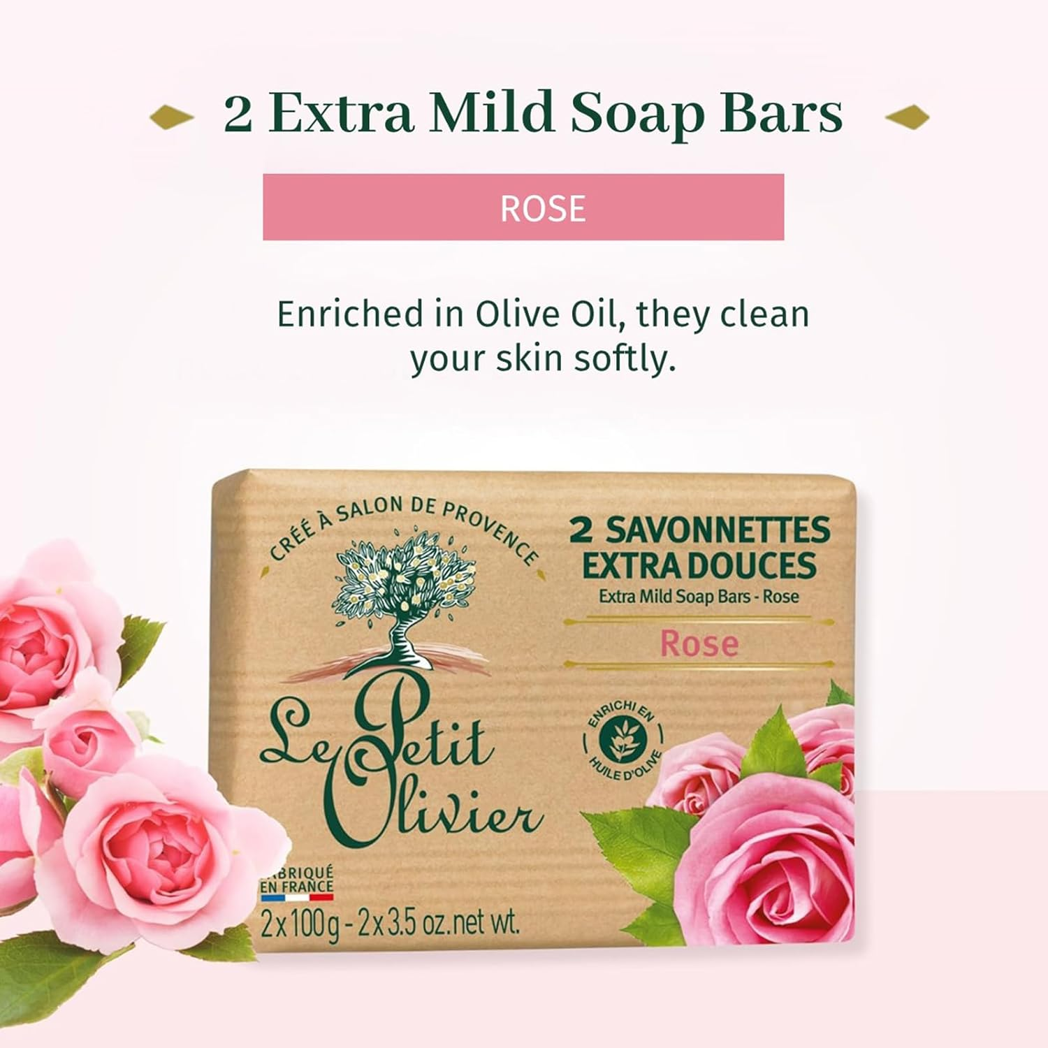 Le Petit Olivier Soap with Rose and Olive Oil 2 X 100 Grammes from France