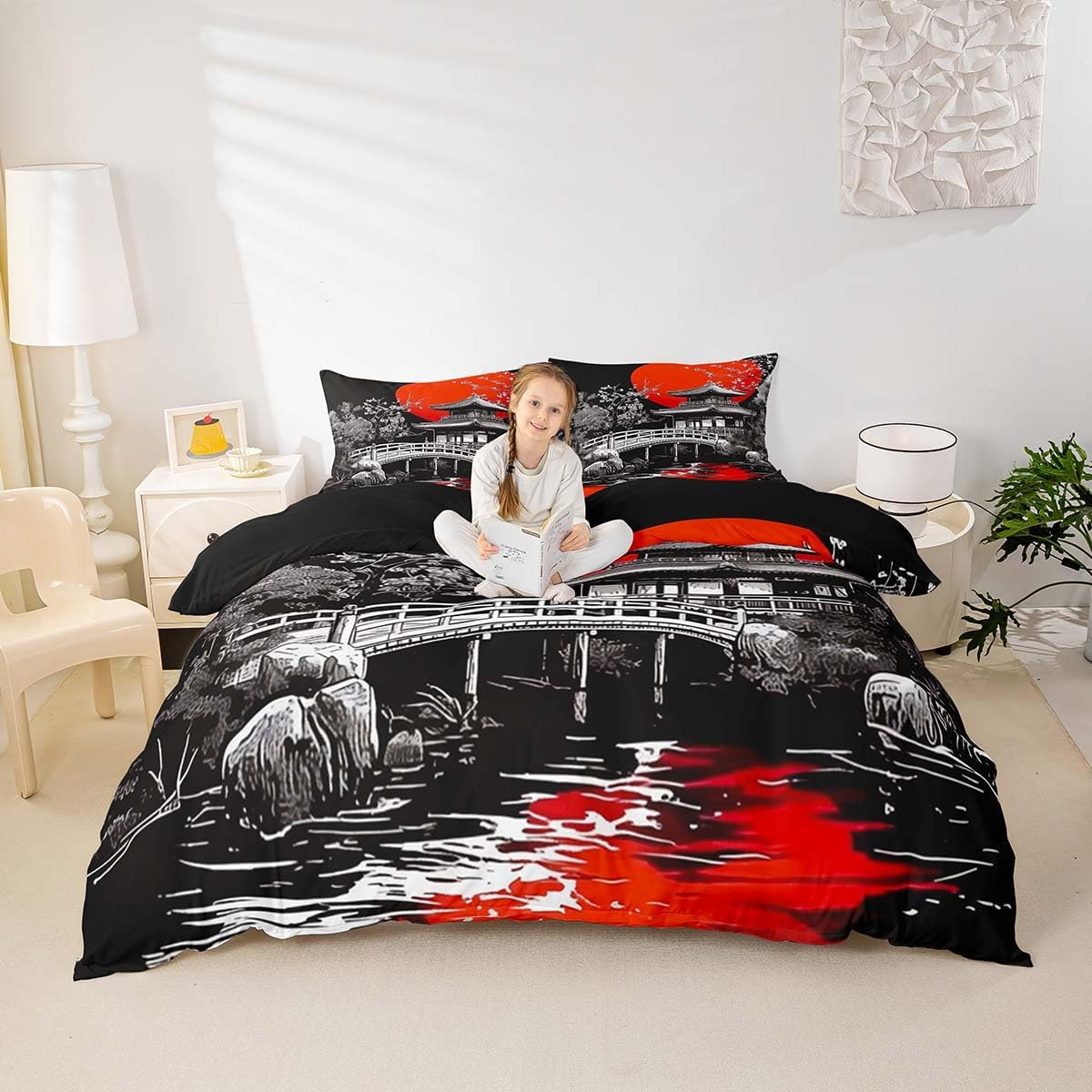 Loussiesd Japanese Ukiyoe Duvet Cover Set Single Size for Kids Boys Girls Adults Anime Bedding Set Red Sunset Comforter Cover with 1 Pillowcase Japanese Style Hokusai Pattern Beds Set