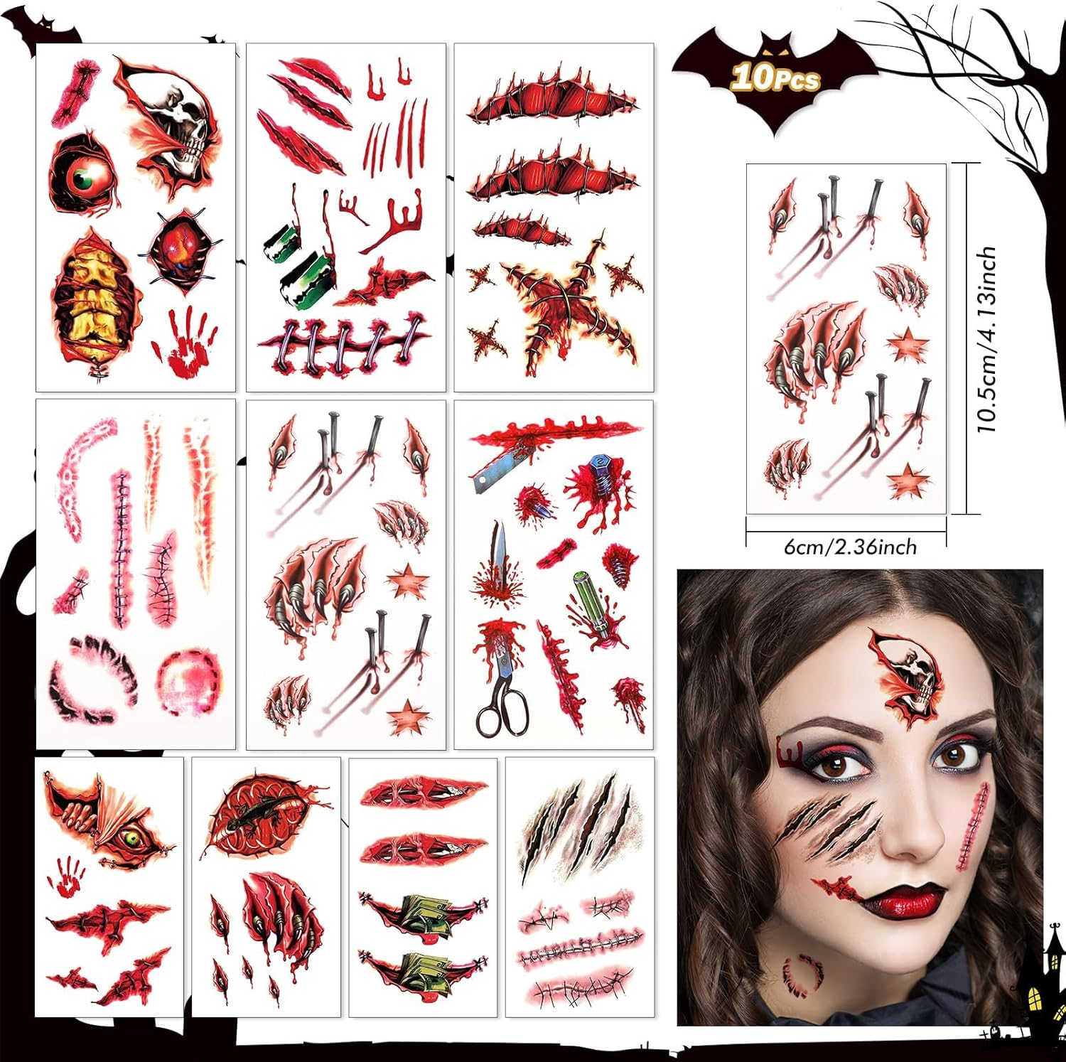 Halloween Temporary Tattoos Zombie Prank Make up Accessories, 20 Sheets Horror Big Mouth Face Tattoos Scars Wound Bloody Stickers Realistic Fake Tattoo for Adults Halloween Cosplay Face Body Art