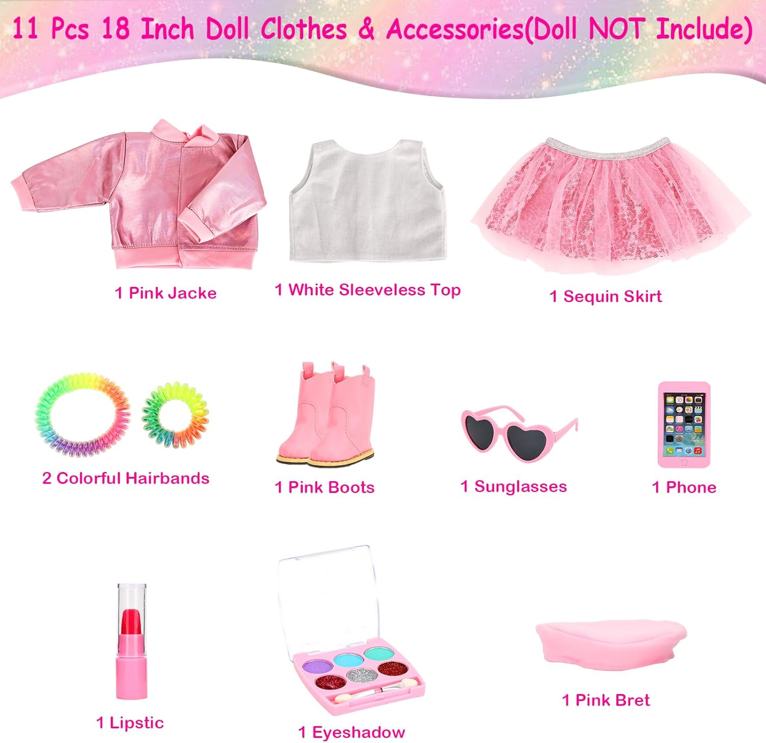 Barwa 11 Pcs American 18 Inch Girl Doll Clothes & Accessories Include Beret T-Shirt Jacket Skirt Boots Phone Doll Makeup Playset Eye Shadow Lipstic for 18 Inch Girl Dolls (NO Dolls) image number 5