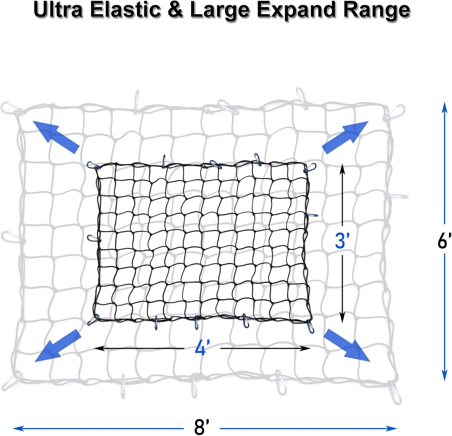 Amiss 3' X4' Stretches to 6' X 8' Truck Cargo Net, Roof Rack Cargo Net for Pickup Trucks SUV, Heavy Duty Truck Bed Cargo Bungee Net with 12 Blue Clips and Storage Bag， Car Exterior Accessories image number 3