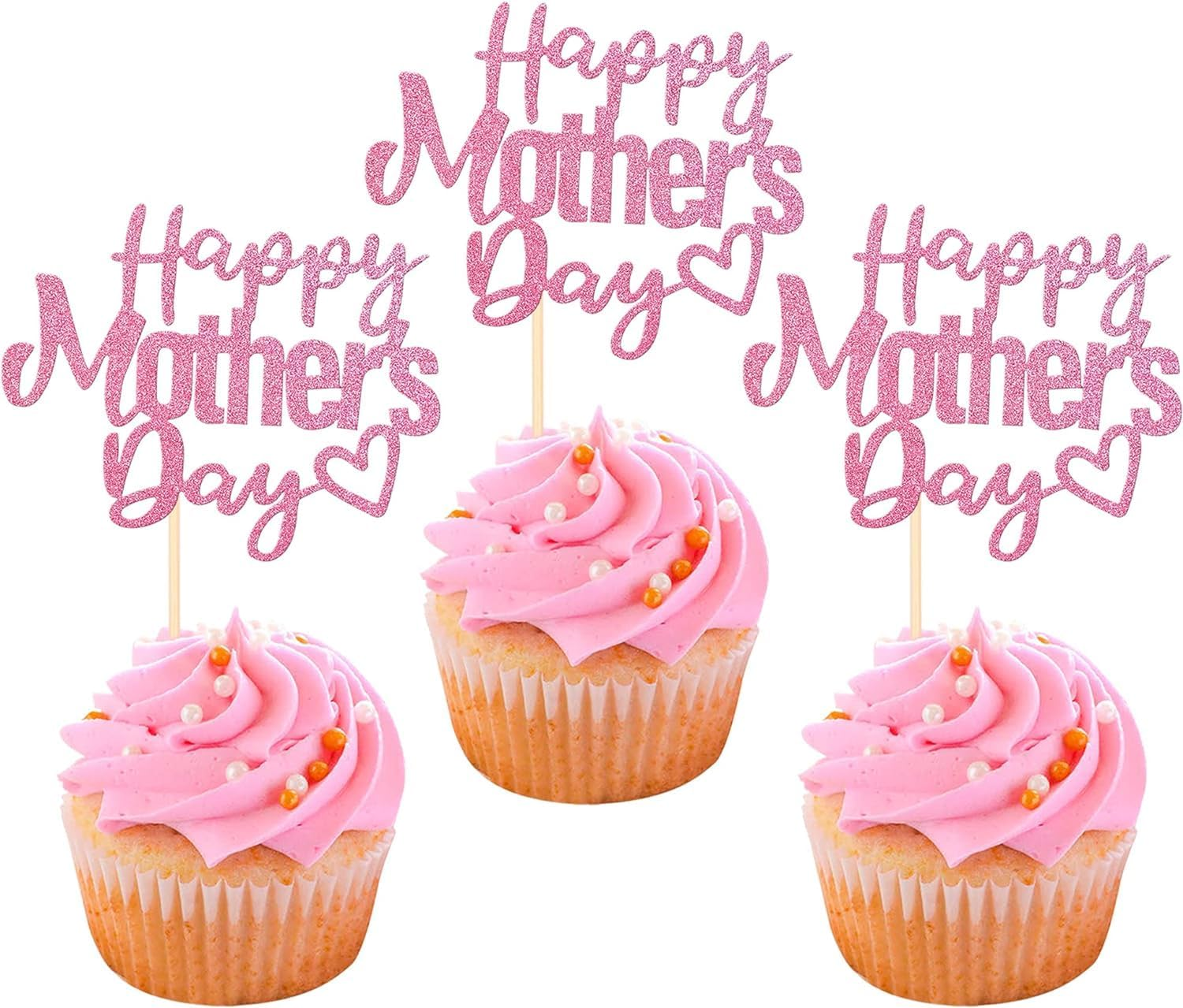 24 Pack Happy Mother'S Day Cupcake Toppers Glitter Hollow Heart Love Mother Best Mom Cupcake Food Picks Women Birthday Happy Mother'S Day Theme Party Cake Decorations Supplies Rosegold (#1)