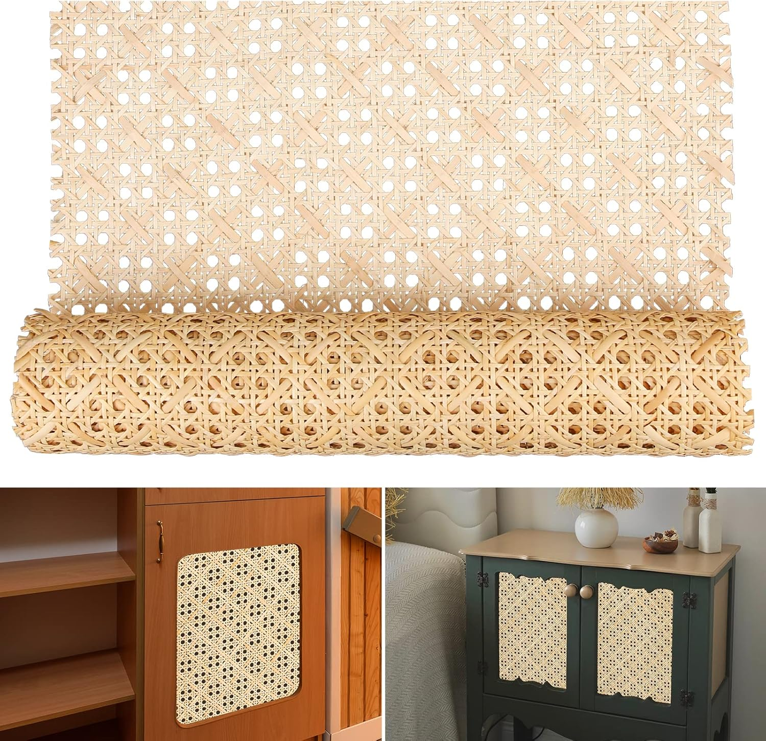 Cane Rattan Webbing Roll, 3.28Ft X 15.8 Inch Woven Open Mesh Cane Natural Rattan Webbing Rattan Webbing for Caning Projects Wide Rattan for DIY Crafts Cabinet Chair Furniture