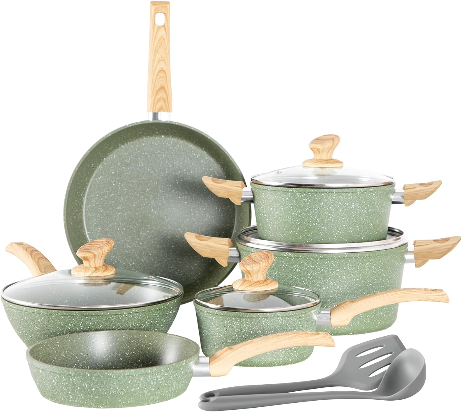 Kitchen Academy Induction Cookware Sets - 12 Piece Green Cooking Pan Set, Granite Nonstick Pots and Pans Set, KA-CS01