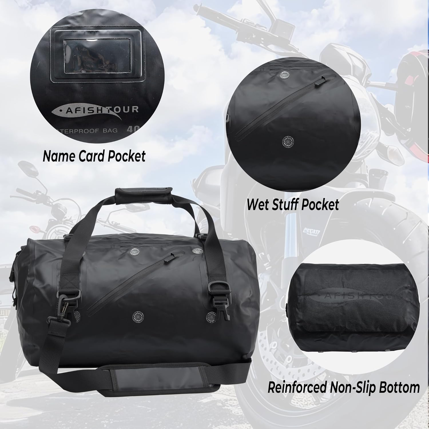 AFISHTOUR 40L Waterproof Motorcycle Duffel Bag - Motorcycle Luggage Tail Bag with Straps for Back Seat - Roll Top Dry Bag for Kayaking, Rafting, Boating, Camping, Travel, Beach (Black)