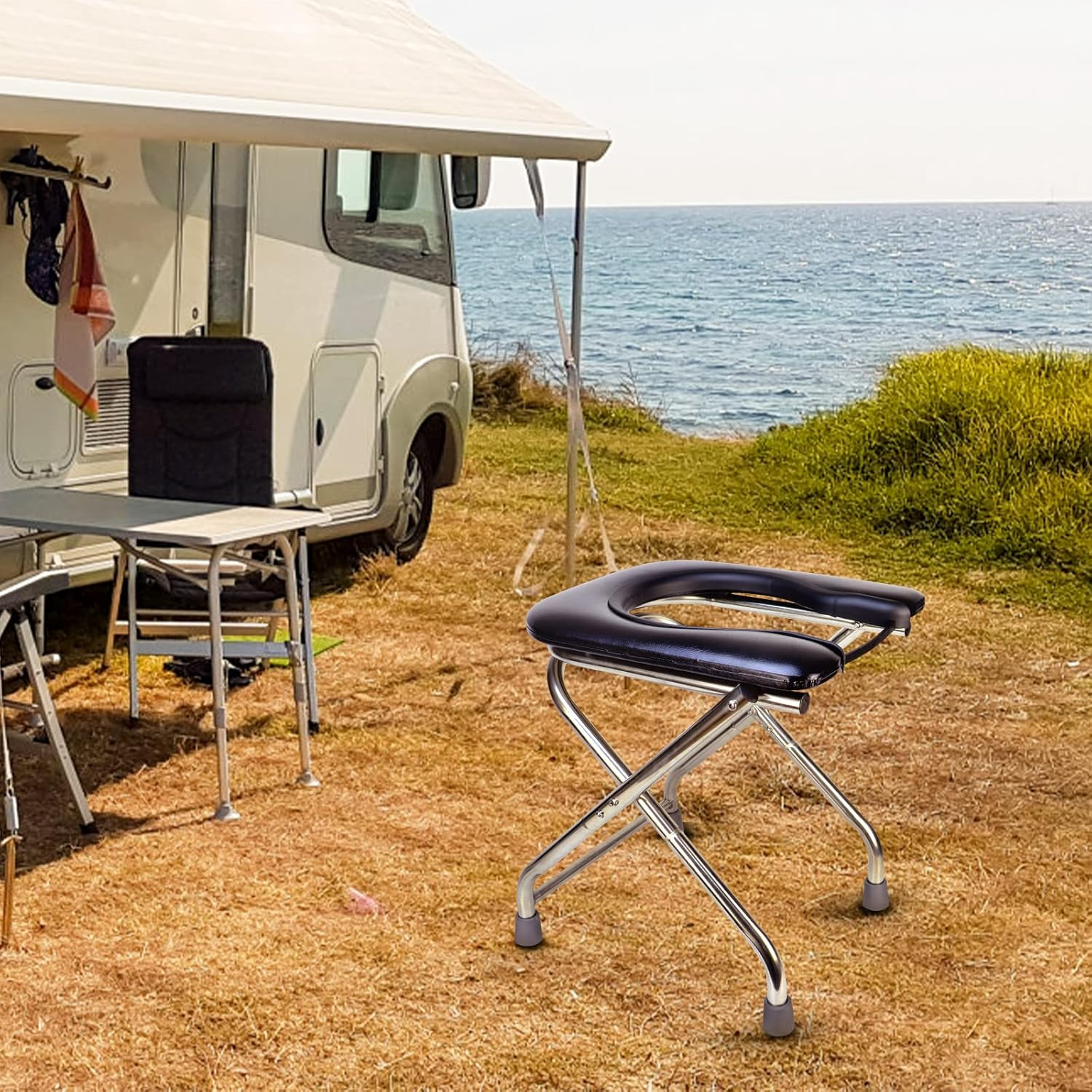 BLIKA U-Shaped Portable Toilet for Camping, 350LBS Stainless Steel Foldable Camp Travel Toilet with Soft Seat for Adults, Portable Potty for Camping, RV Travel, Road Trip image number 1