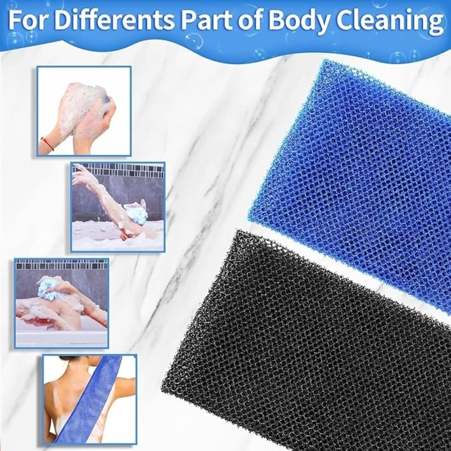 FOTIOMRG 2 Pieces African Net Sponge, Exfoliating Net African Bath Sponge Exfoliating Shower Body Scrubber Back Scrubber Skin Smoother，Net for Men Women Daily Shower Bathing (Blue&Black） image number 2