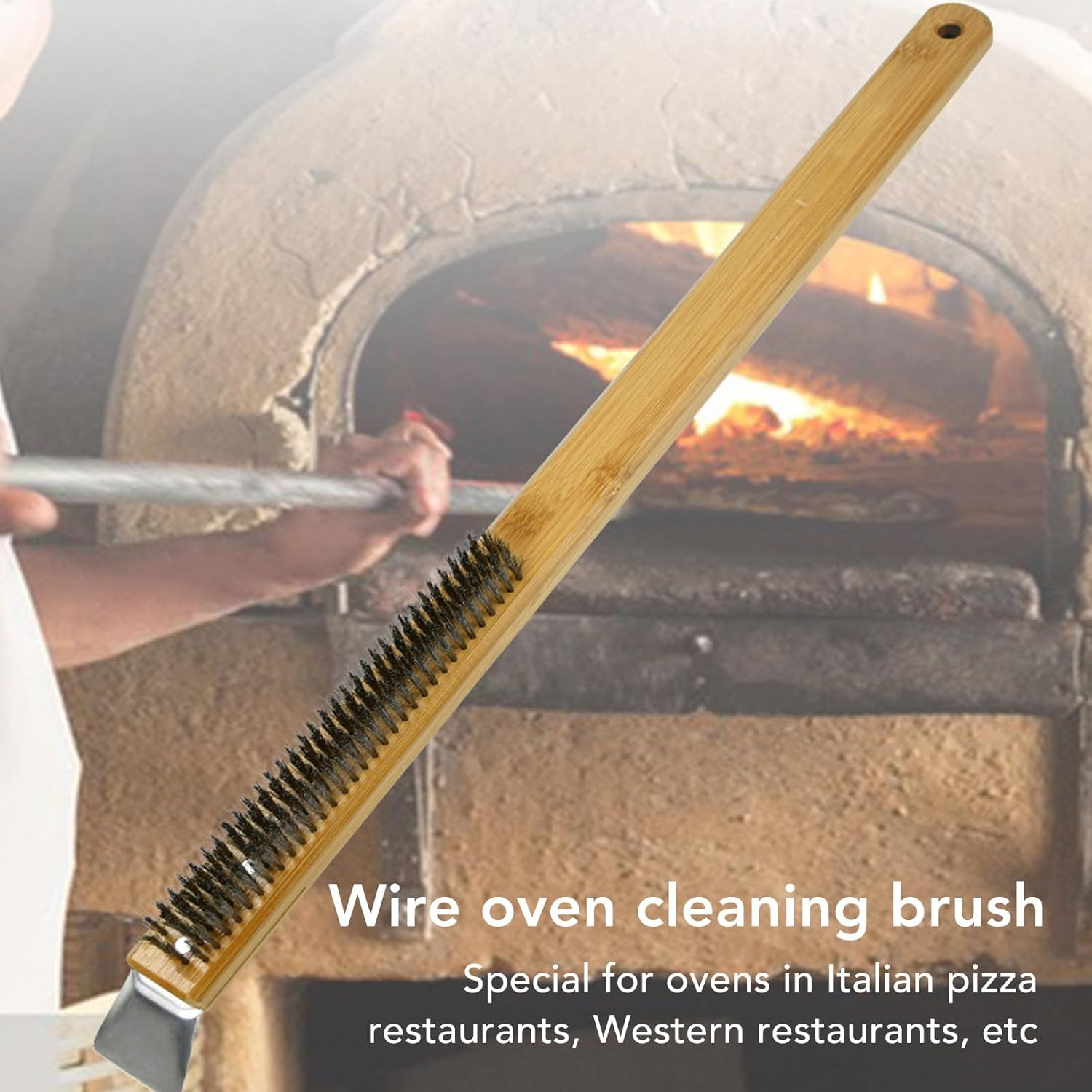 Pizza Oven Brush, 57.5Cm Non Scratch Heat Proof Stainless Steel Pizza Stone Cleaning Brush, Long Bamboo Handle Outdoor Pizza Oven Accessories with Scraper, Hanging Hole image number 2