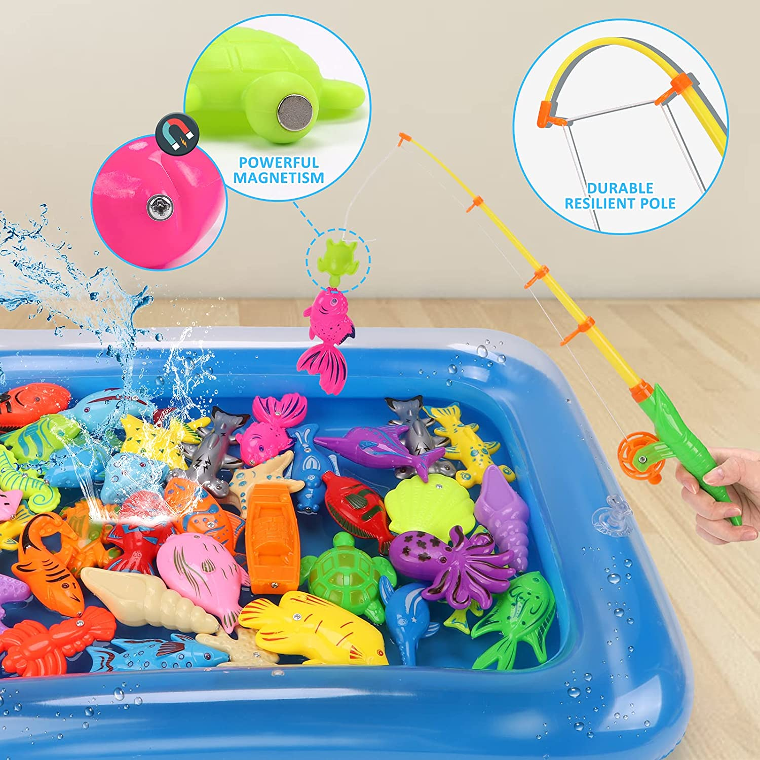 REMOKING Kid Toys 52PCS Fishing Game,Magnetic Toys with Ocean Sea Animal,Fishing Poles,Nets,Inflatable Pool,Toddlers Bathtub Outdoor Carnival Party Set,Gifts for Kids 3-6 Years Old(With Basket) image number 2