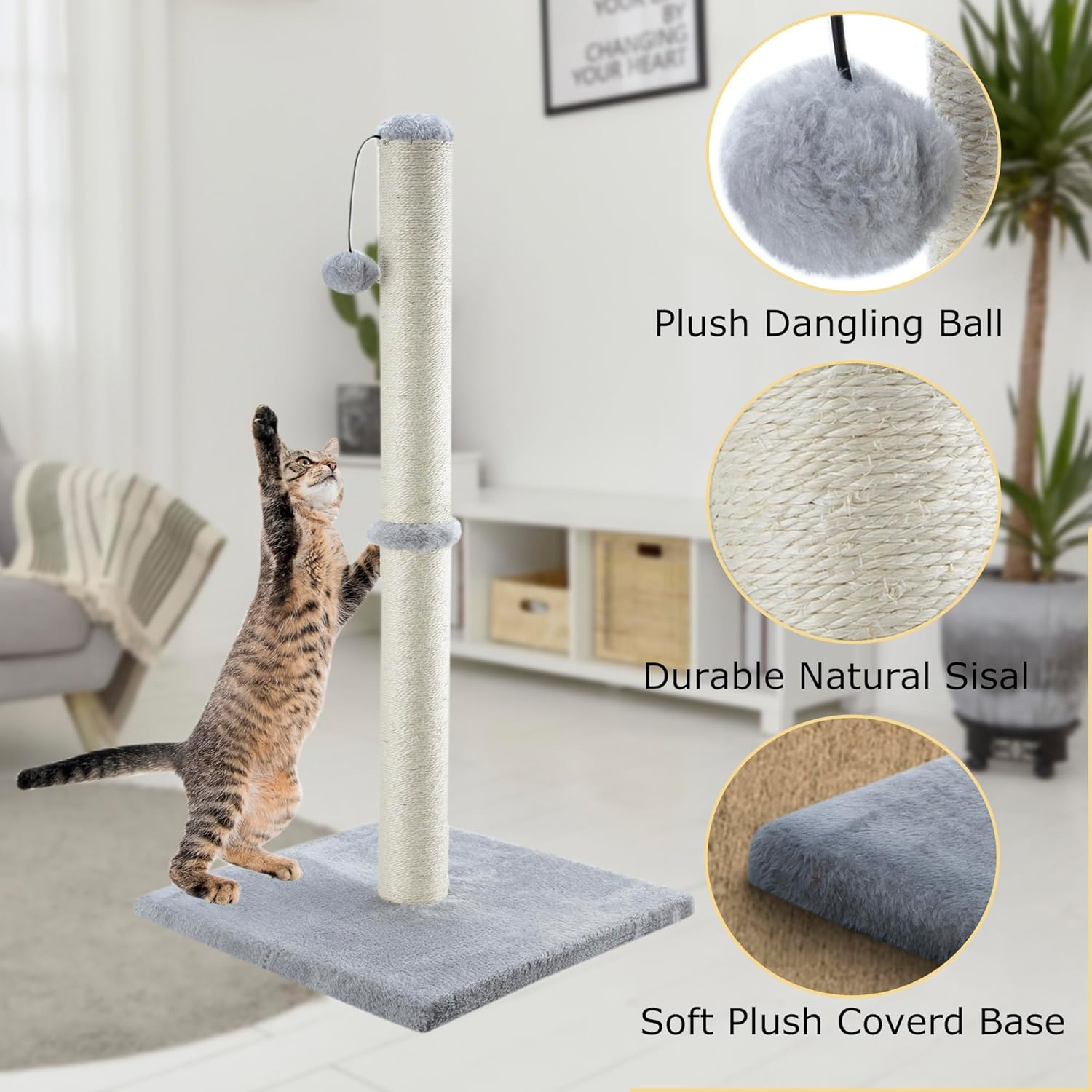 Dimaka 34 Inch Tall Ultimate Cat Scratching Post, Claw Scratcher with Sisal Rope and Covered with Soft Smooth Plush, Vertical Scratch [Full Stretch], Modern Stable Design for Cats(Grey V2) - Dark Brown 34" Tall image number 7