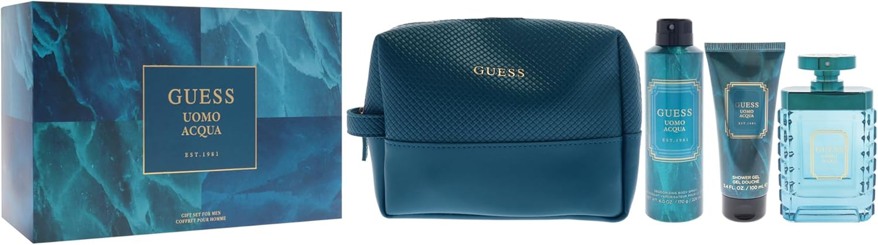 Guess Uomo Acqua by Guess for Men - 4 Pc Gift Set 3.4Oz EDT Spray, 6Oz Deodorizing Body Spray, 3.4Oz Shower Gel, Pouch